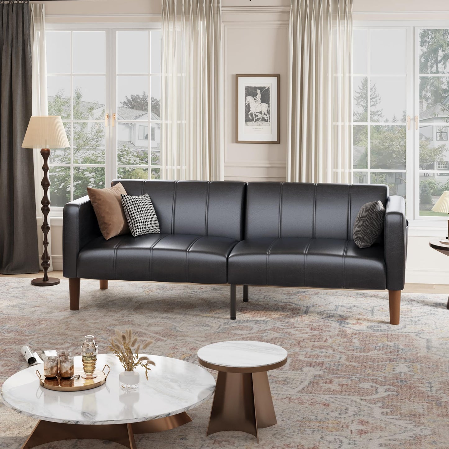 GarveeHome Futon Sofa Bed, 75-Inch Modern Faux Leather Convertible Couch, Mid-Century Loveseat for Small Space, Living Room, Bedroom, Black