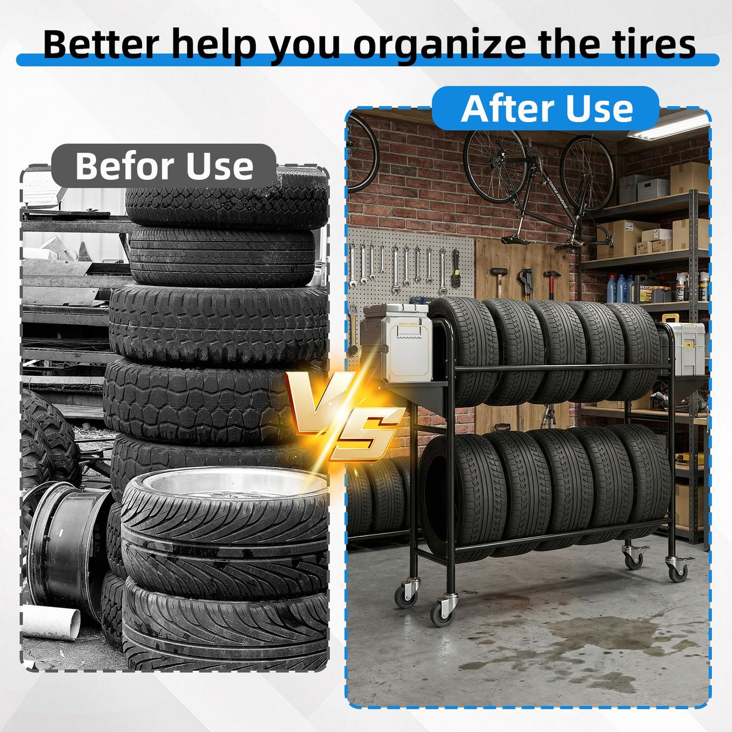 GAMINA KAVISI Tire Storage Rack, Adjustable Tire Rack for Garage, Rolling Tire Rack with 4 Swivel Casters & 2 Shelves, Durable Tire Storage Solution.59 L x 22" W x 59" H.