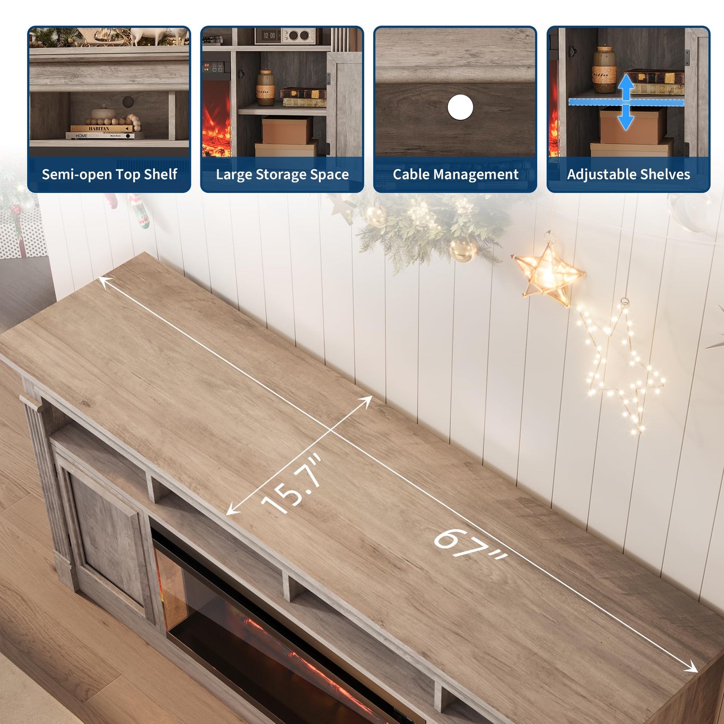 GarveeHome 68" Farmhouse Electric Fireplace TV Stand for TV Up to 75", Entertainment Center with 36'' Fireplace, Console Table TV Cabinet with Open Storage Shelves for Living Room