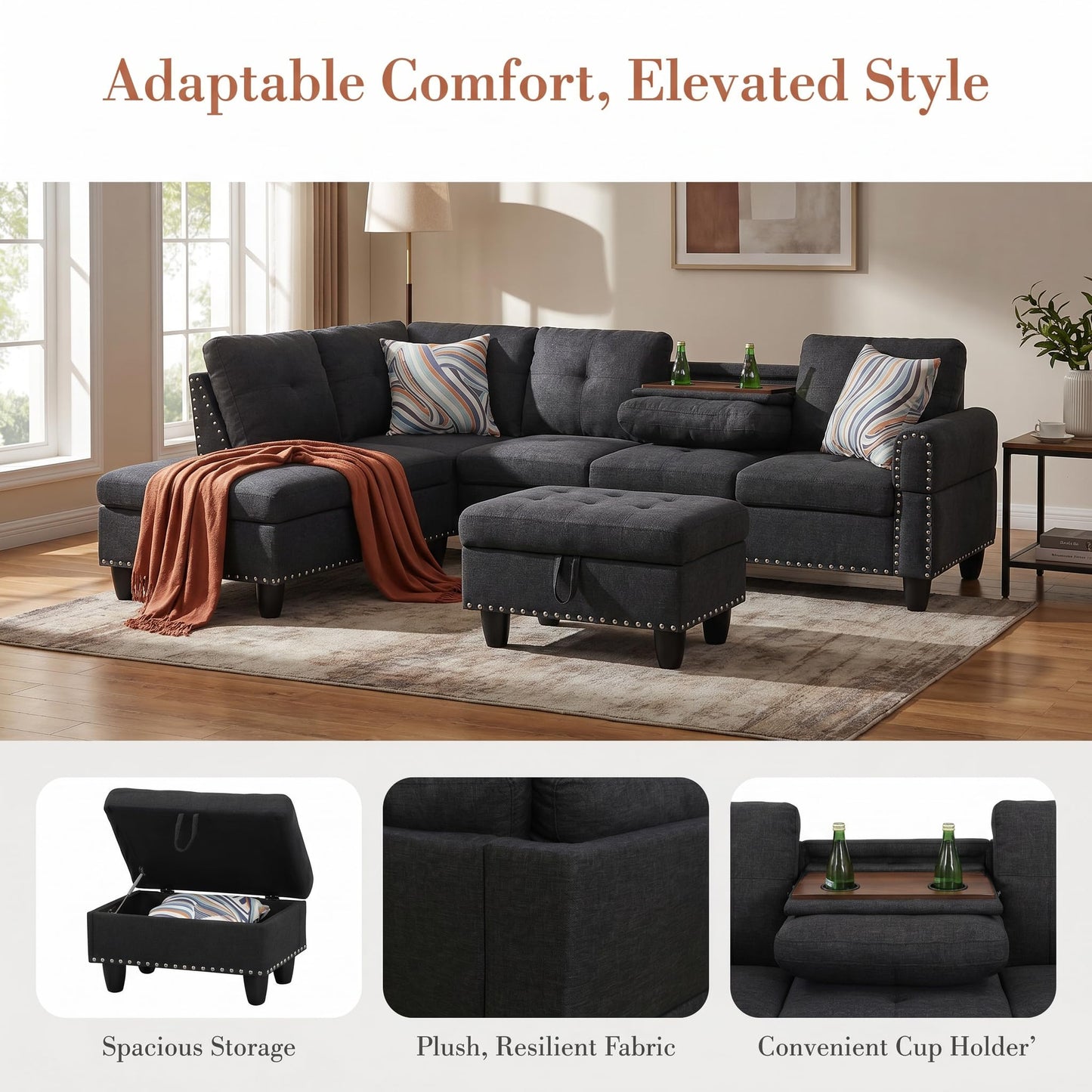Trygoal 97.5" Linen L Shaped Couch with Left Chaise & Cup Holder, Sectional Sofas Modular Furniture Set with Storage Ottoman, Convertible Couches for Living Room, Small Space & Office (Black)