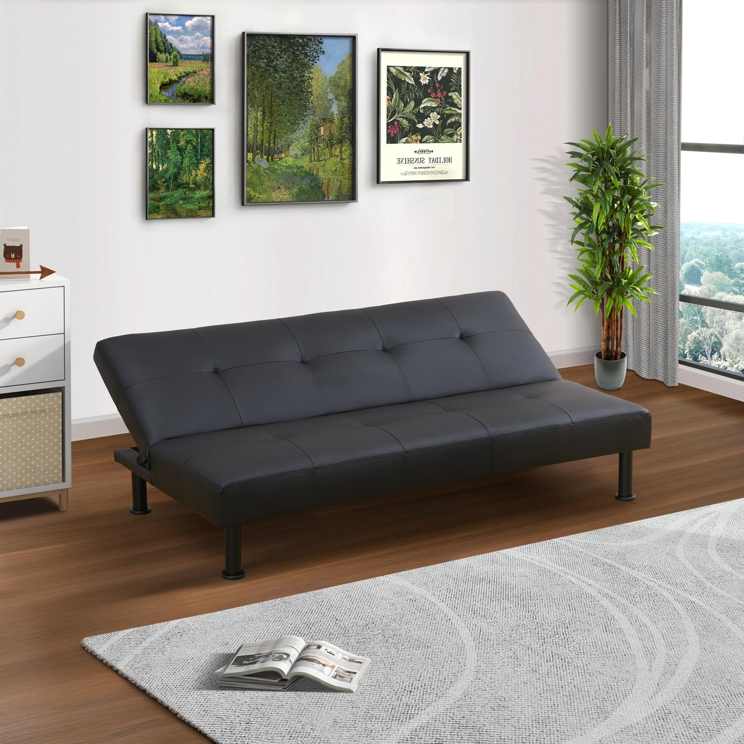 UOCFYK Faux Leather Living Room Sofa Bed, Sleeper Convertible 2 in 1 Folding Couch with Metal Legs for Apartments, Guest Rooms, and Compact Spaces,Black