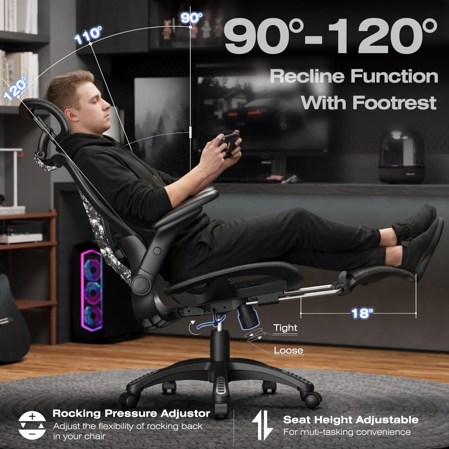 ELABEST X100 Ergonomic Mesh Office Chair with Footrest, Big and Tall Home Desk Chair with 5D Flip-Up Arms, Adjustable 3D Lumbar Support, Gaming & Executive Computer Chair, Night Reaper