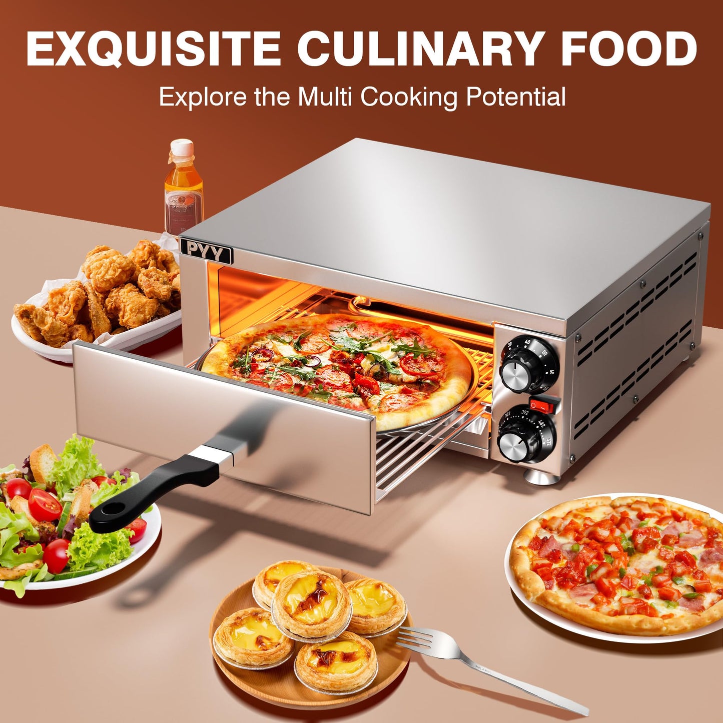 PYY Pizza Oven Indoor Electric Countertop Commercial Pizza maker with Crumb Tray Stainless Steel Pizza Cooker Machine for Home