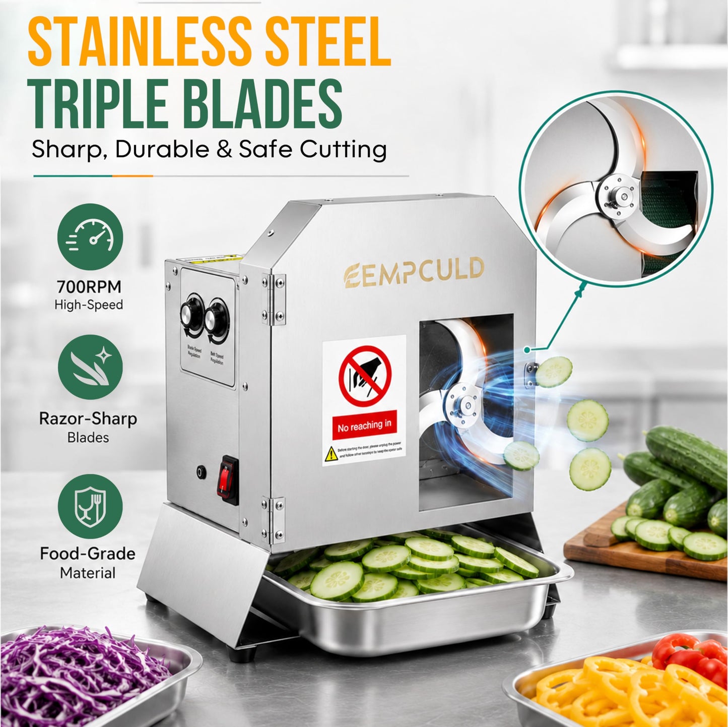 EMPCULD Electric Vegetable Slicer, 300W High-efficiency Automatic Fruit Slicer, 1-35mm Adjustable Thickness Vegetable Cutter for Home and Commercial Use, Track and Blade Rotation Speed Adjustable