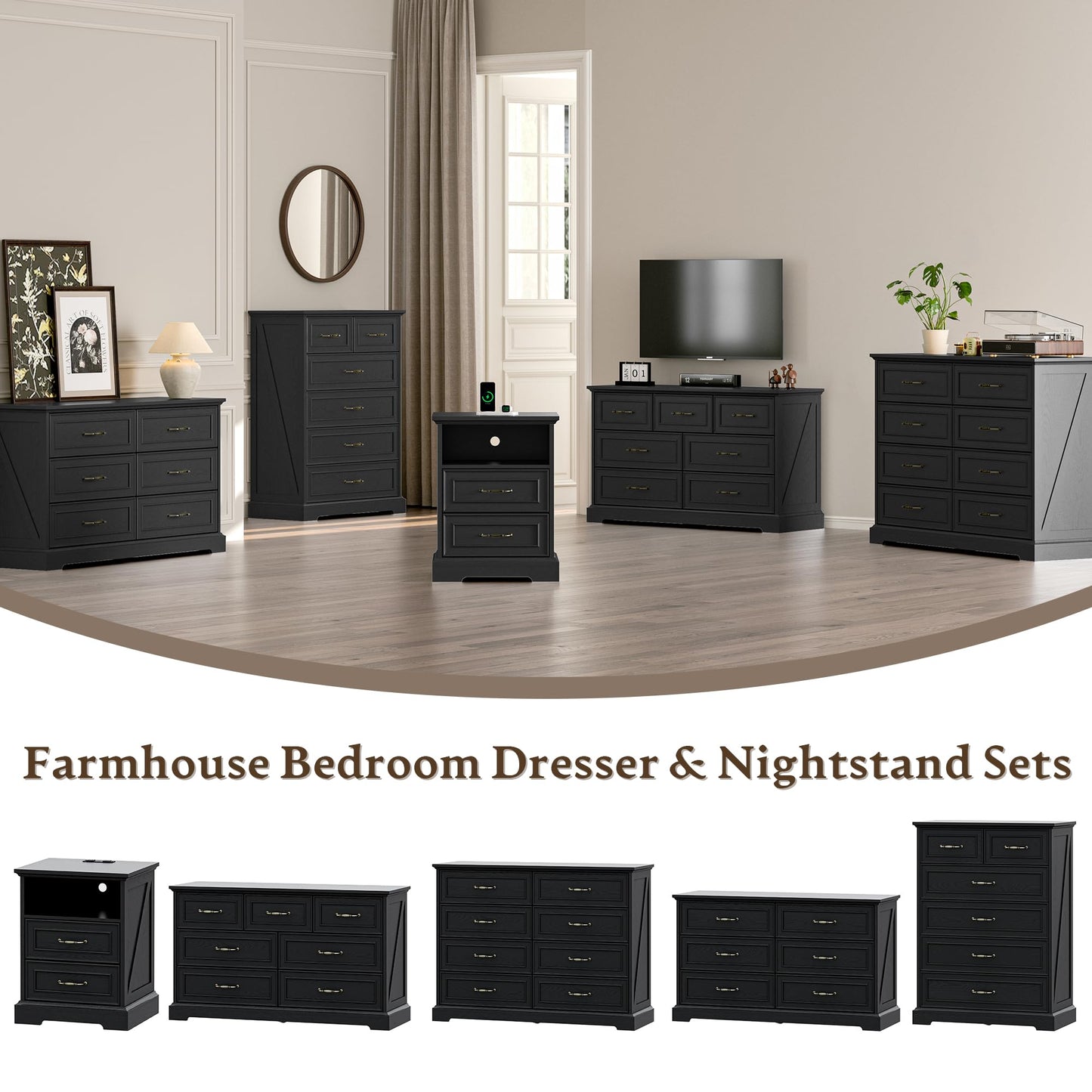 Farmhouse 8 Drawers Dresser for Bedroom, 48" Wide Modern Chest of Drawers with Deep Drawers & Bar Handles, Wood Dresser TV Stand, Wooden Rustic Closet Storage Organizer for Living Room, Hallway, Black