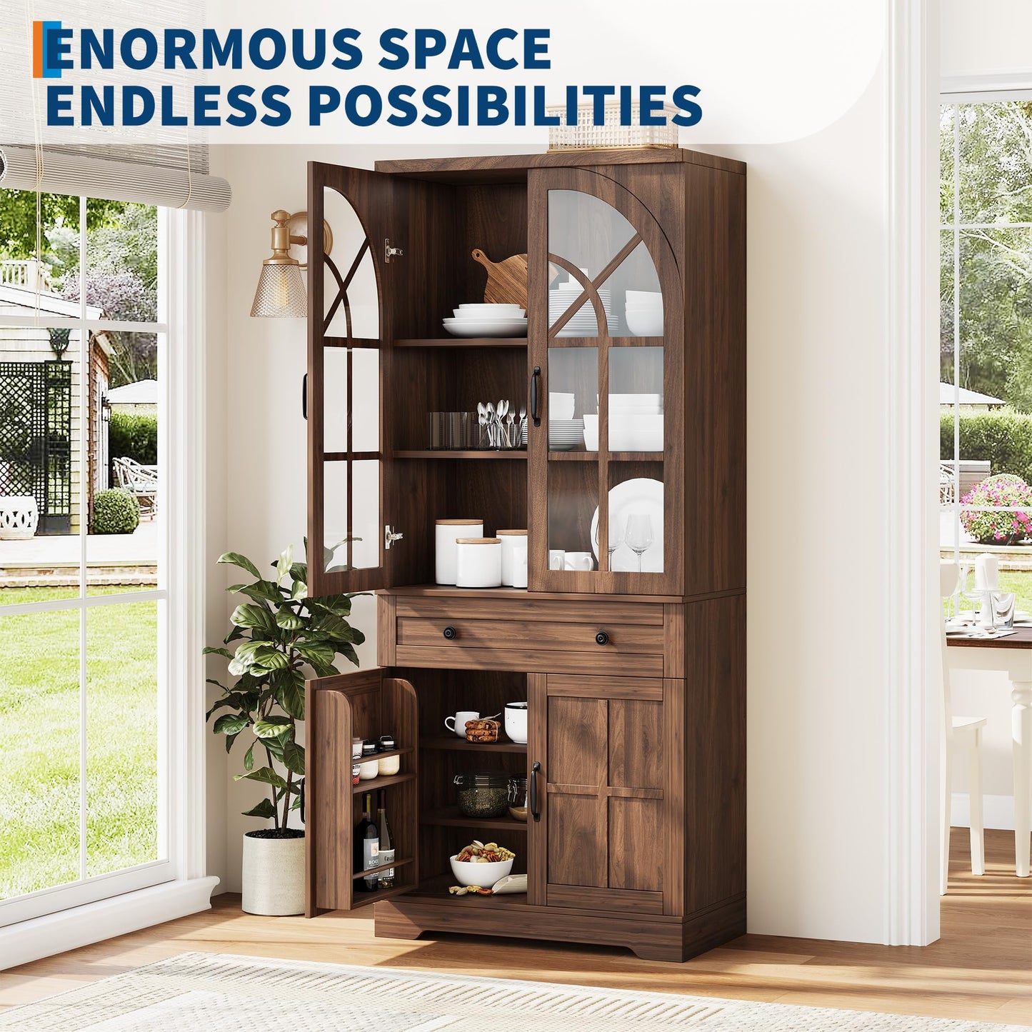 Garvee Farmhouse Pantry Cabinet, 71.9" Tall Freestanding Kitchen Cabinet with Tempered Glass Doors& Anti-Tip Design for Kitchen, Dining Room & Living Room,Retro Brown
