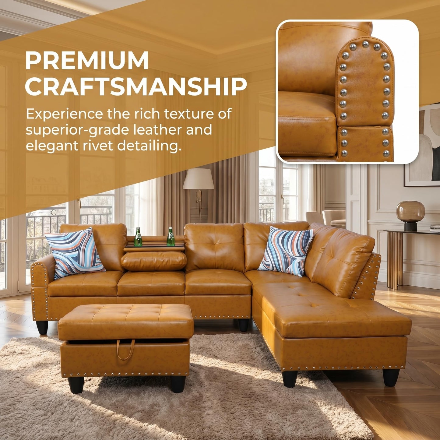 Trygoal Leather 3-Piece L-Shaped Couches for Living Room, Sectional Sofa with Storage Ottoman & Movable Chaise, Modular Convertible Couch for Bedroom & Apartment, Mustard Yellow