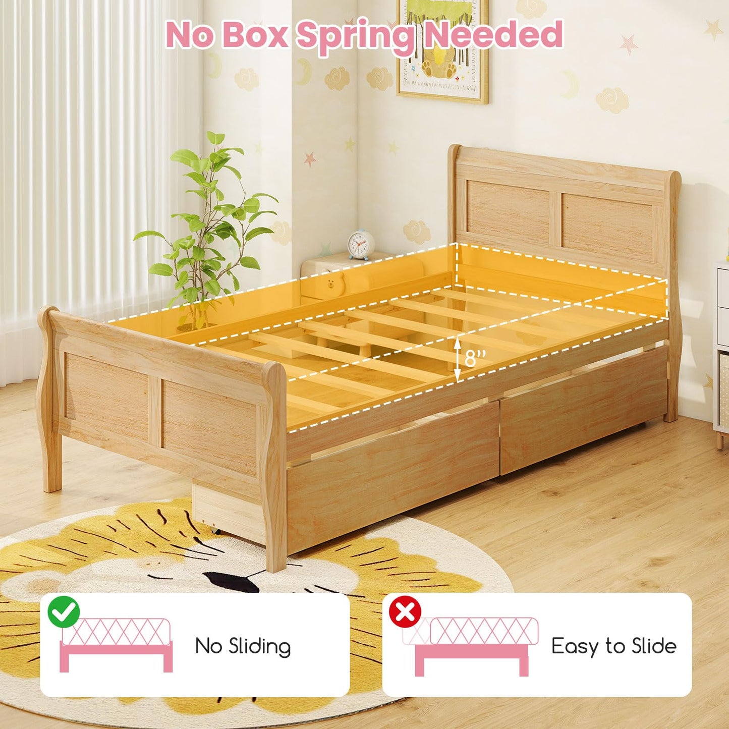 KOMFOTT Twin Size Bed Frame with 2 Storage Drawers, Wood Platform Bed with Headboard & Footboard, Twin Storage Bed with Wooden Slats Support for Kids, Teens, Adults, No Box Spring Needed, Natural