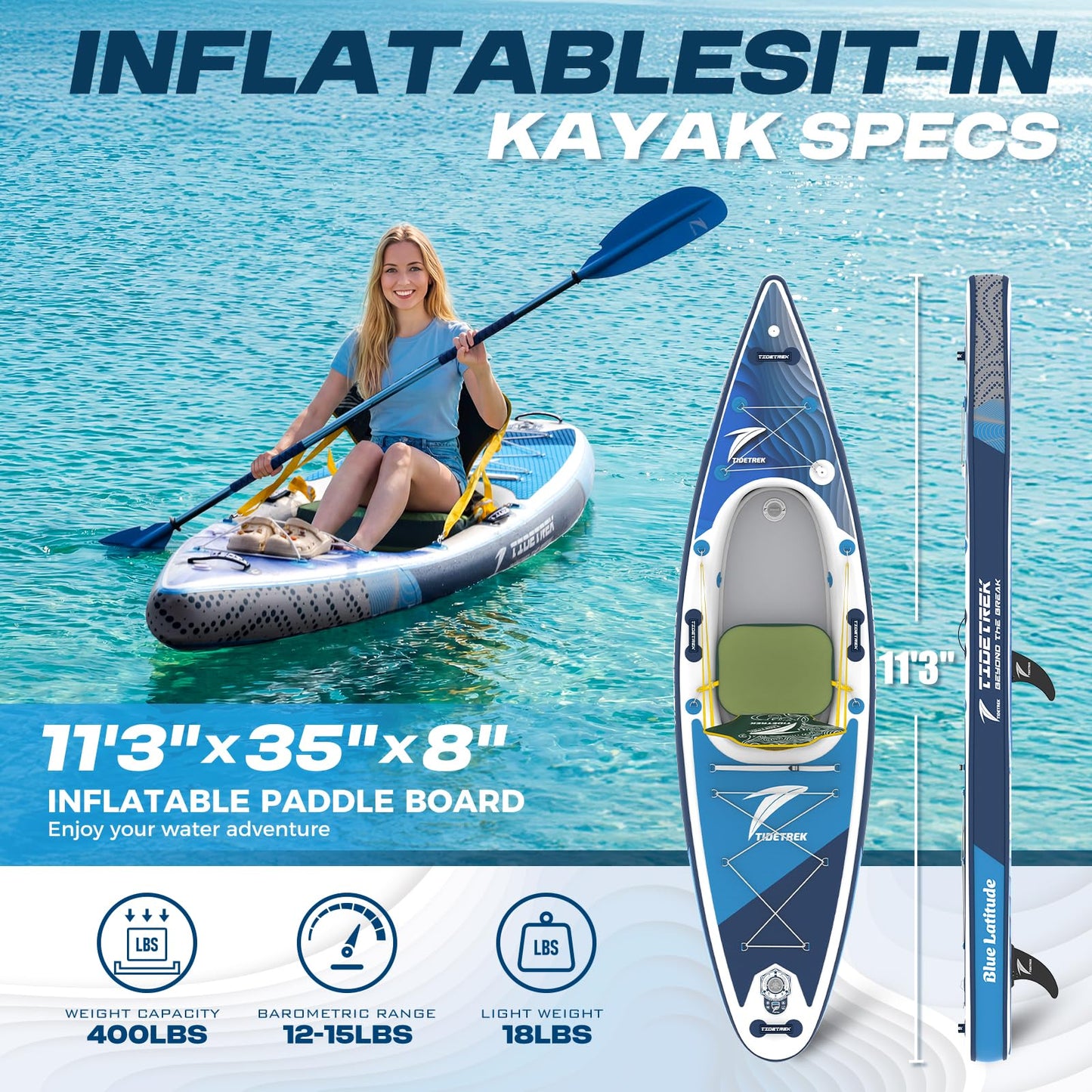TIDETREK Inflatable Touring Kayak with Waterproof Seat & Premium Accessories, 11'3" x 35" x 8" Ultra-Stable SUP Kayak Hybrid, Non-Slip Comfort Deck for Adults & Youth (Deep Blue Current)