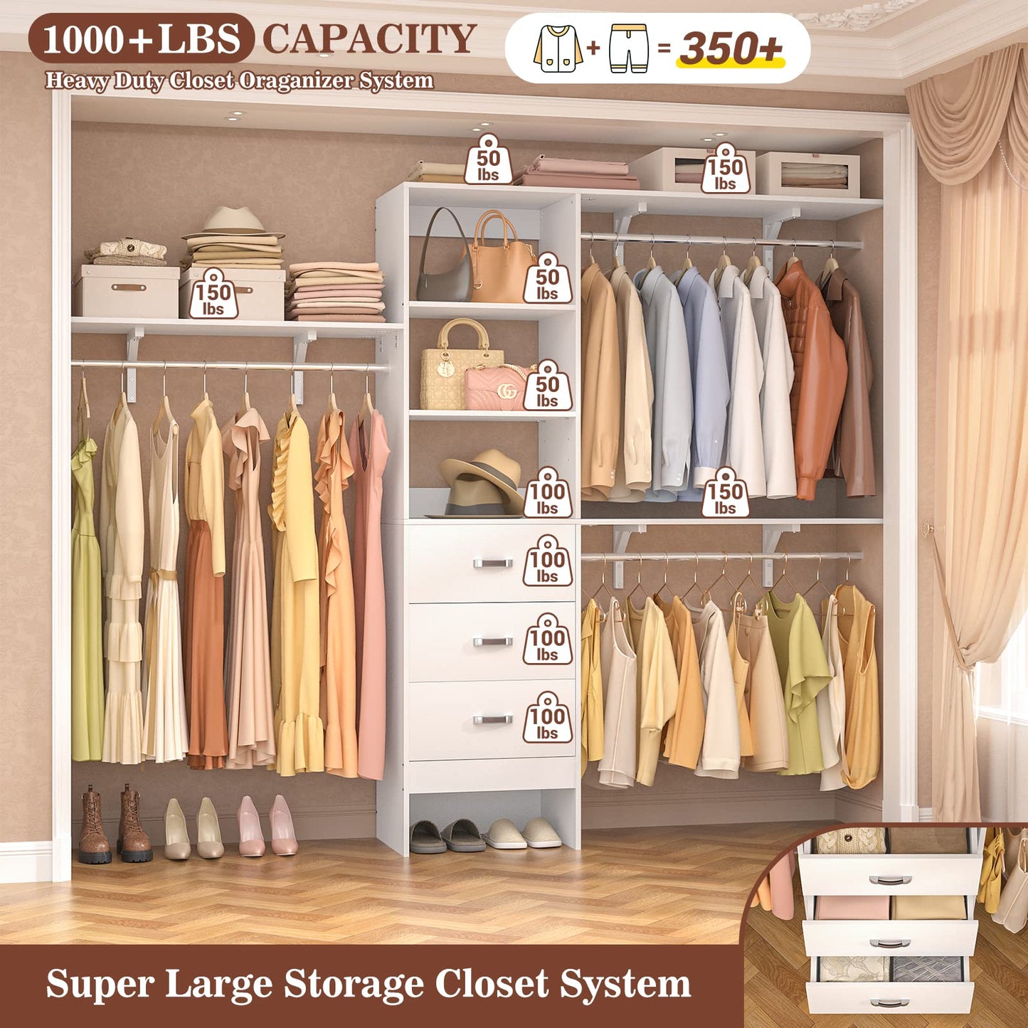 Armocity 96" Wood Closet System with 3 Enclosed Drawers & 3 Solid Shelves, 8FT Adjustable Closet Organizers and Storage, Heavy Duty Modular Wardrobe for Reach-In & Walk-In, 1000 LBS Load, White