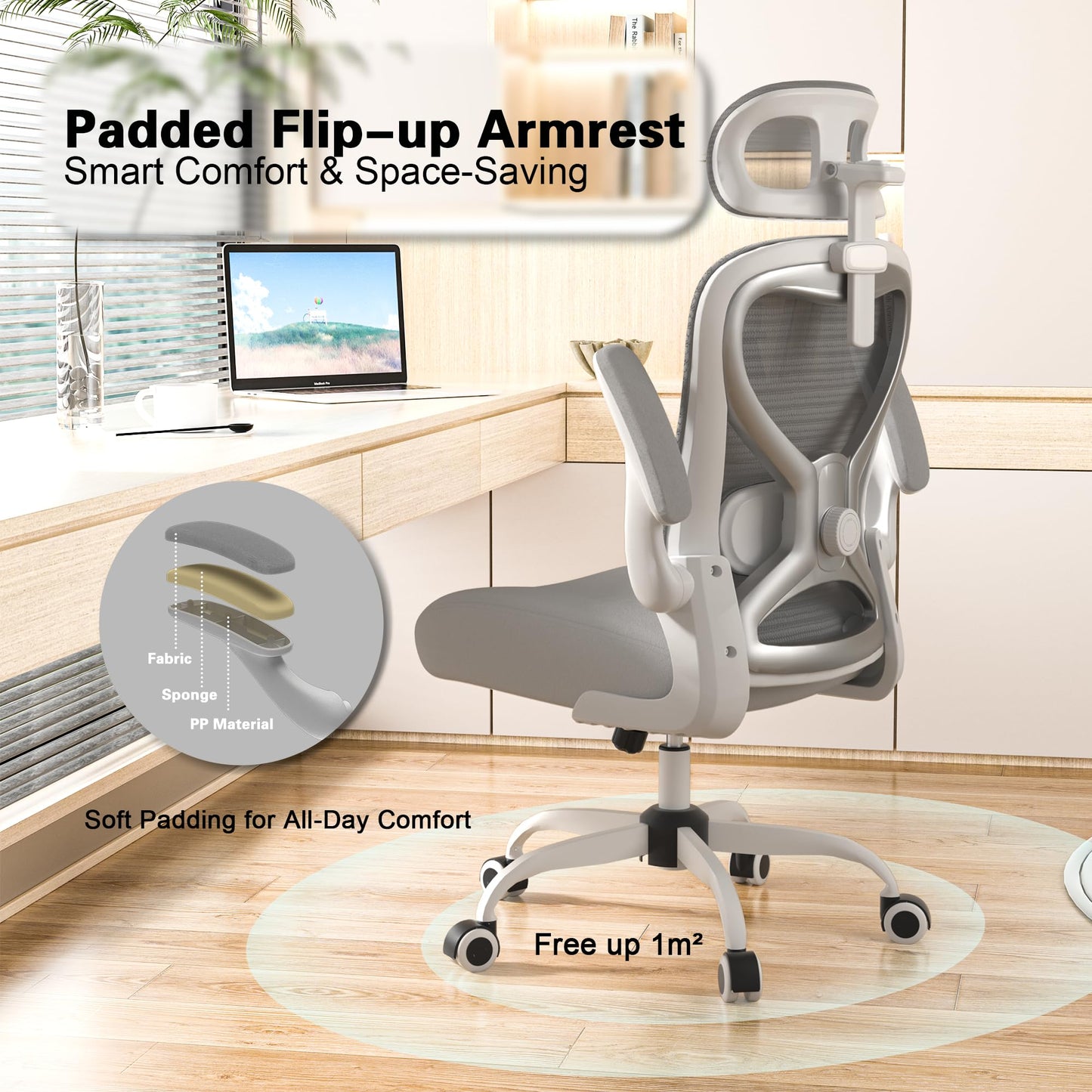 Ergonomic Office Chair for Back & Neck Pain Relief, Virgin Foam Seat, 2D Adjustable Lumbar & 3D Headrest, Tilt & Rock for Relaxation, Ideal for Long Sitting Comfort, Gray/Silver