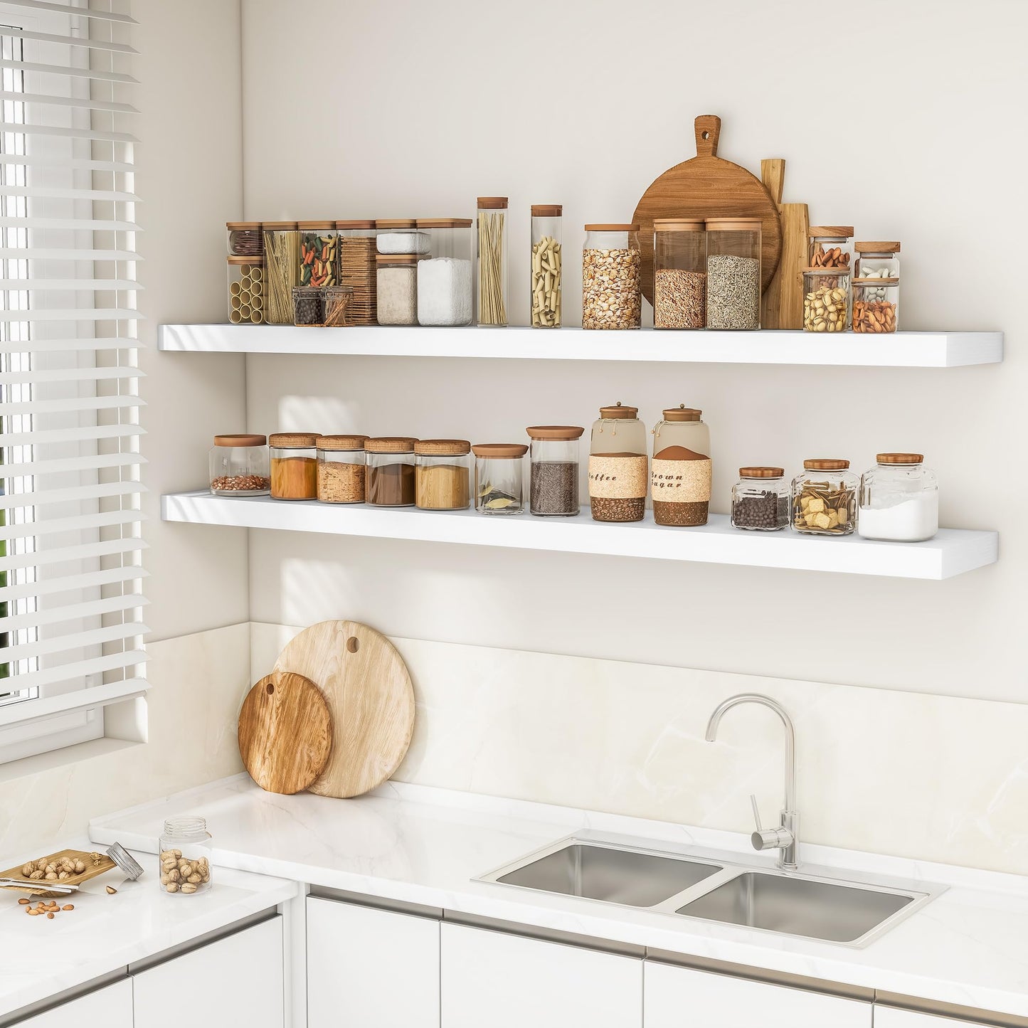 RICHFOCUS 72Inch Floating Shelves for Wall 2 Pack Shelves for Bedroom|Kitchen|Bathroom Wall Mounted Rustic Wood Floating Shelf with Invisible Brackets for Books|Storage|Decor, White