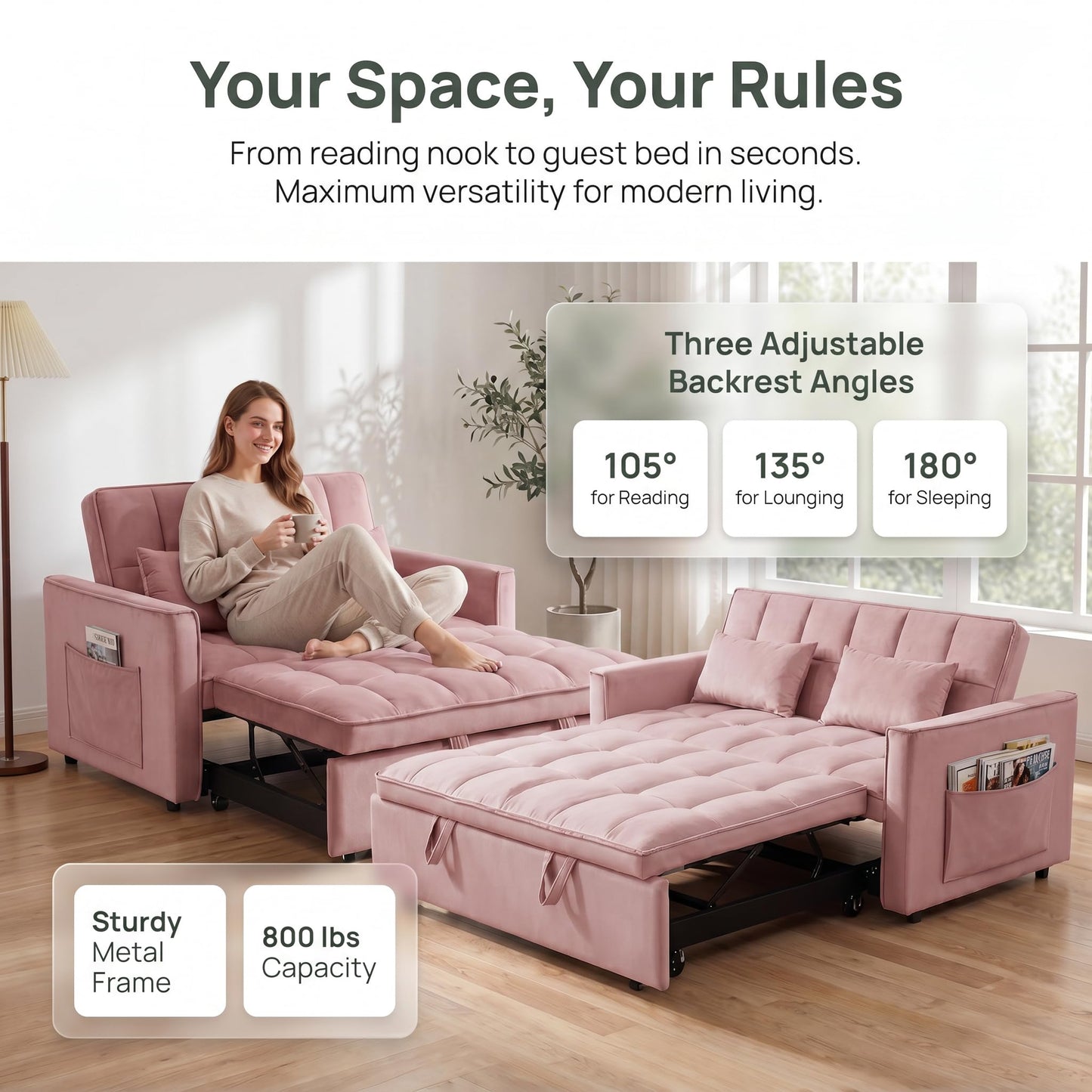 NicBex Sleeper Sofa Bed, Pull Out Couch Bed with Adjustable Backrest, Velvet Fabric Sleeper Sofa with Side Pocket, Convertible Loveseat Sleeper Sofa for Small Space, Living Room, Bedroom, Pink