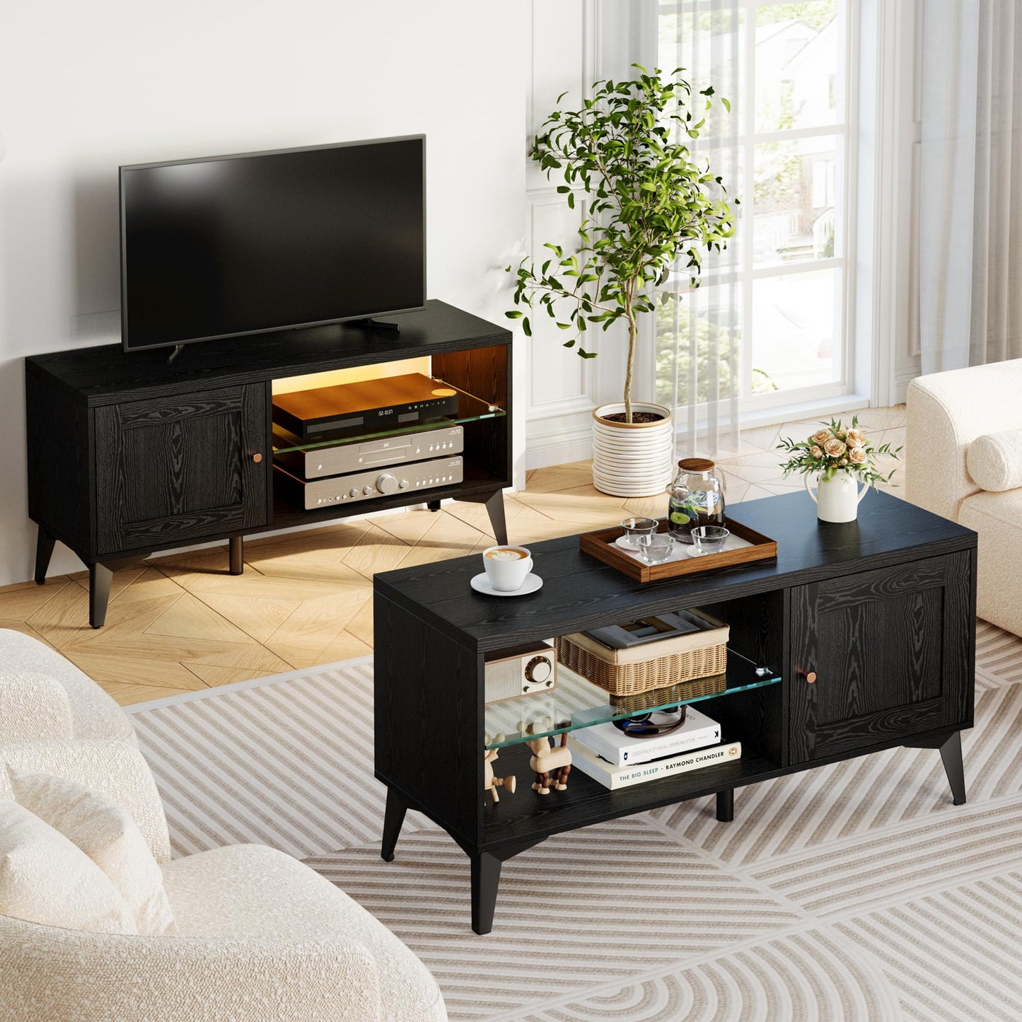 LIKIMIO 2-in-1 TV Stand for 85 Inch TV, Black TV Consoles with LED Lights