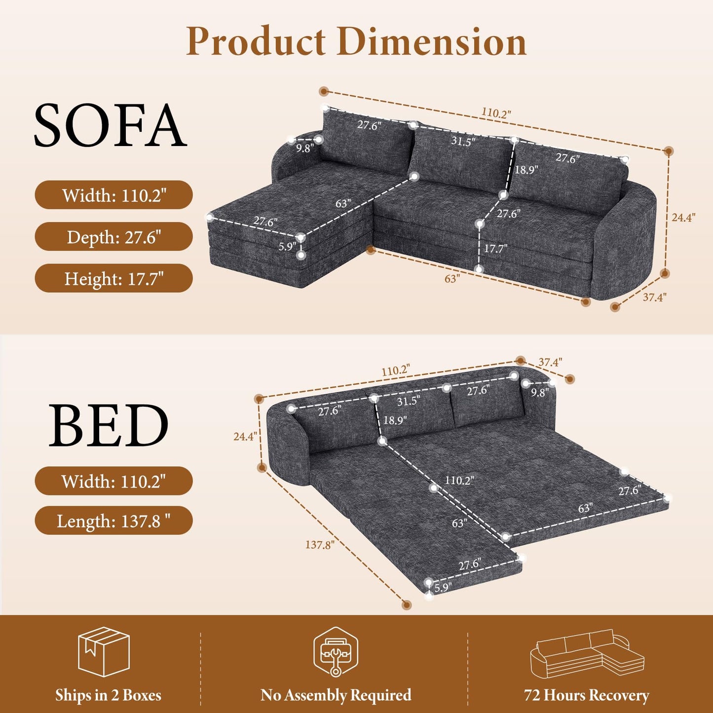 Vesgantti 110.2" Modular Sectional Sofa with Curved Armrest, 6 in 1 Convertible Folding Sleeper Sofa Bed, Chenille Boneless Couch for Living Room, No Assembly Required, Blue, Left Facing Chaise