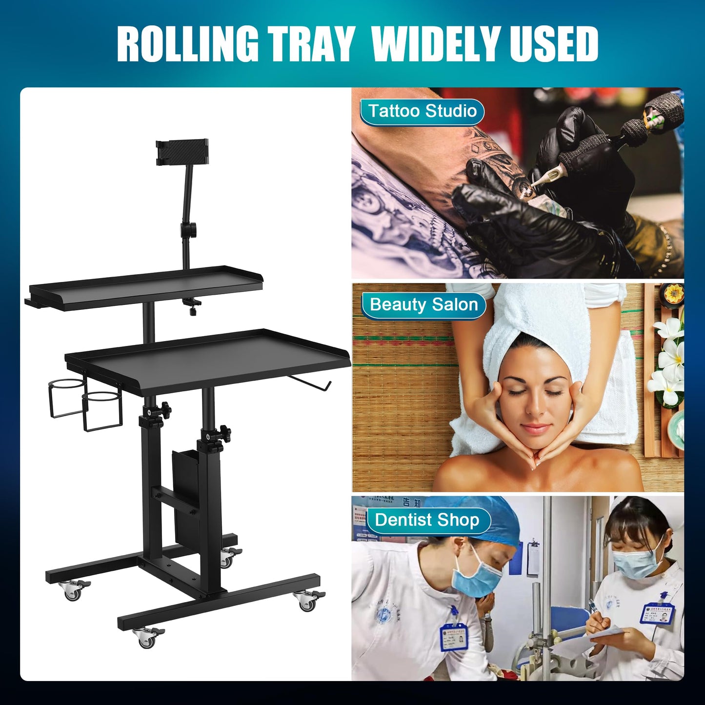 POARMEEY Rolling Tattoo Workstation Cart with Double Adjustable Trays