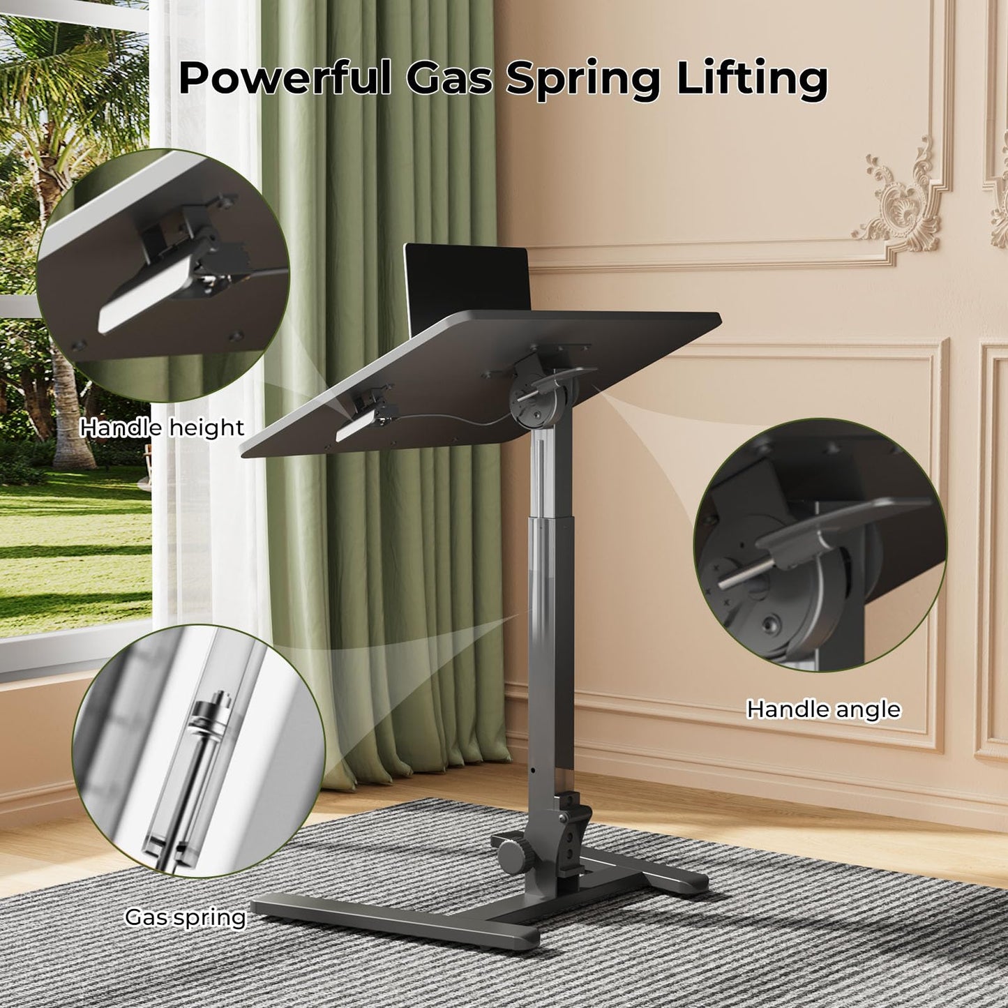 Gibbon Mounts Foldable Standing Desk，Small Mobile Sit-Stand Desk with 90 Tiltable Top，Rolling Rising Laptop Workstation Adjustable Height，Portable Table on Hidden Wheels/4 Lockable Casters，Black