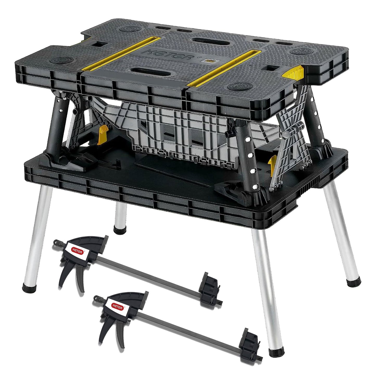 Keter Folding Portable Table Tool Stand Workbench with 2 12" Wood Clamps for Miter Saws, Home Improvement, and Construction, Black & Yellow (2 Pack)