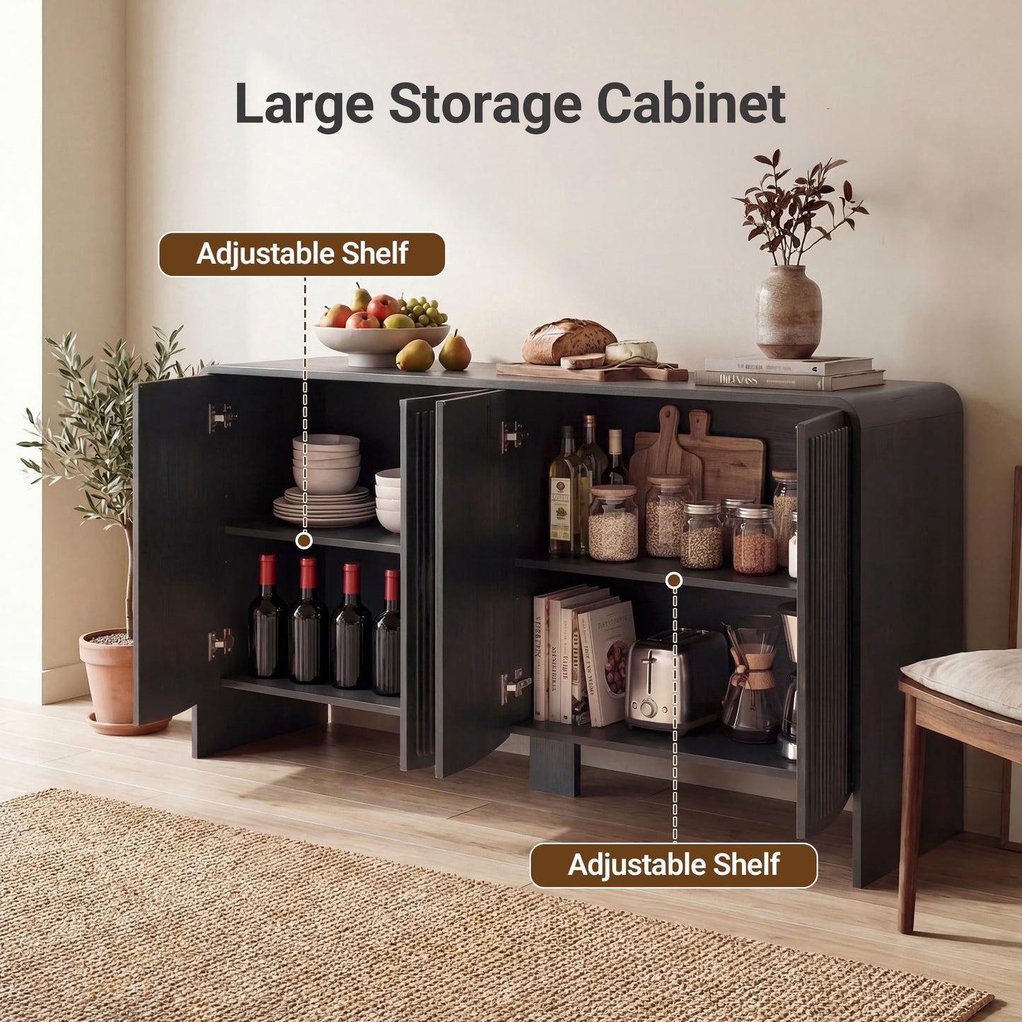 Seang Fluted Sideboard Buffet Cabinet with Storage,58" Modern Sideboard Cabinet with Curved Design & Adjustable Shelves,Wood Console Table for Living Room,Entryway,Kitchen,Black