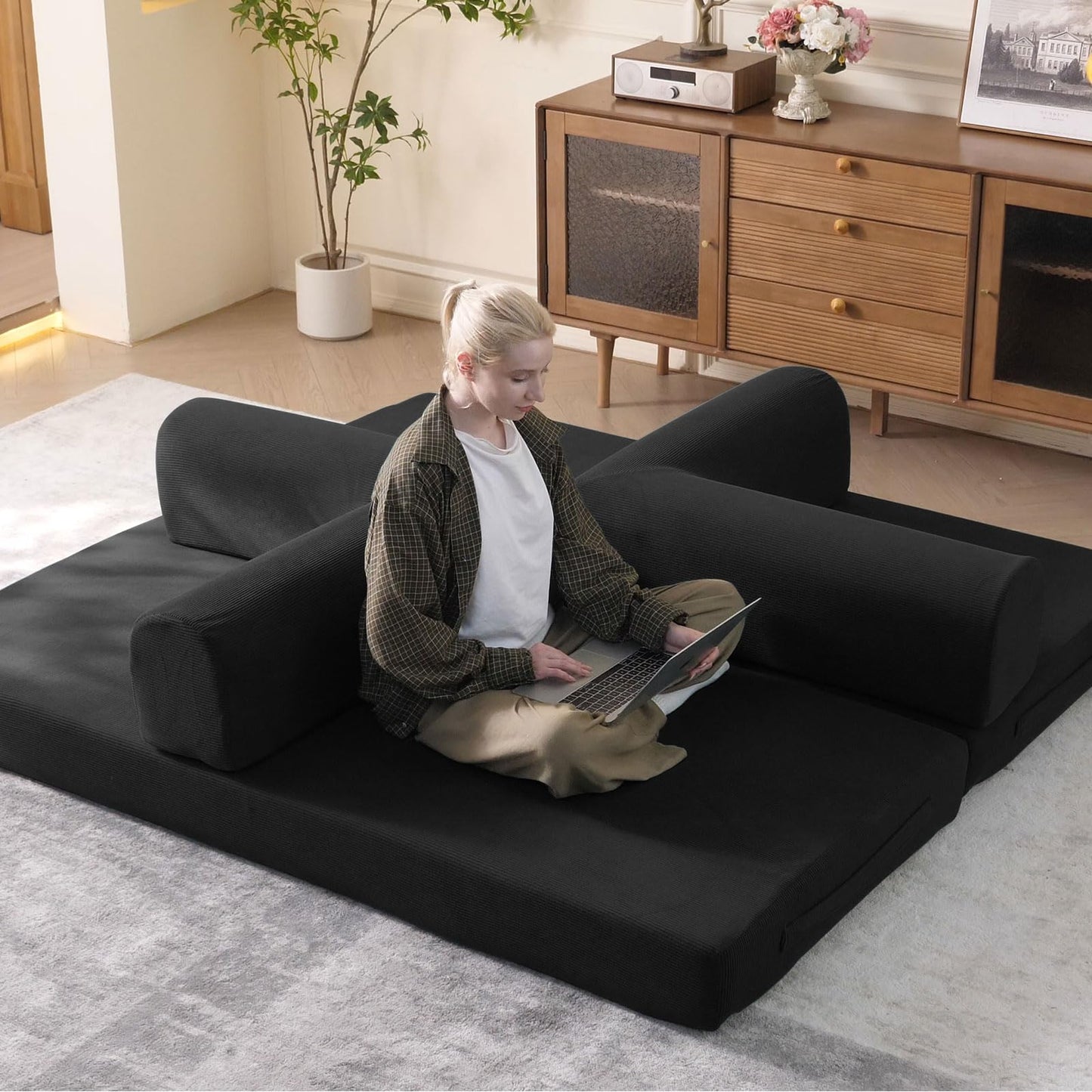 WHGBJA 79" Convertible Sleeper Sofa Bed with Cylindrical Pillow, Corduroy Folding Mattress Couch with Fixed-Shape Frame, Floor Sofa Lounge Couch for Living Room Bedroom Lounge Studio (Black)