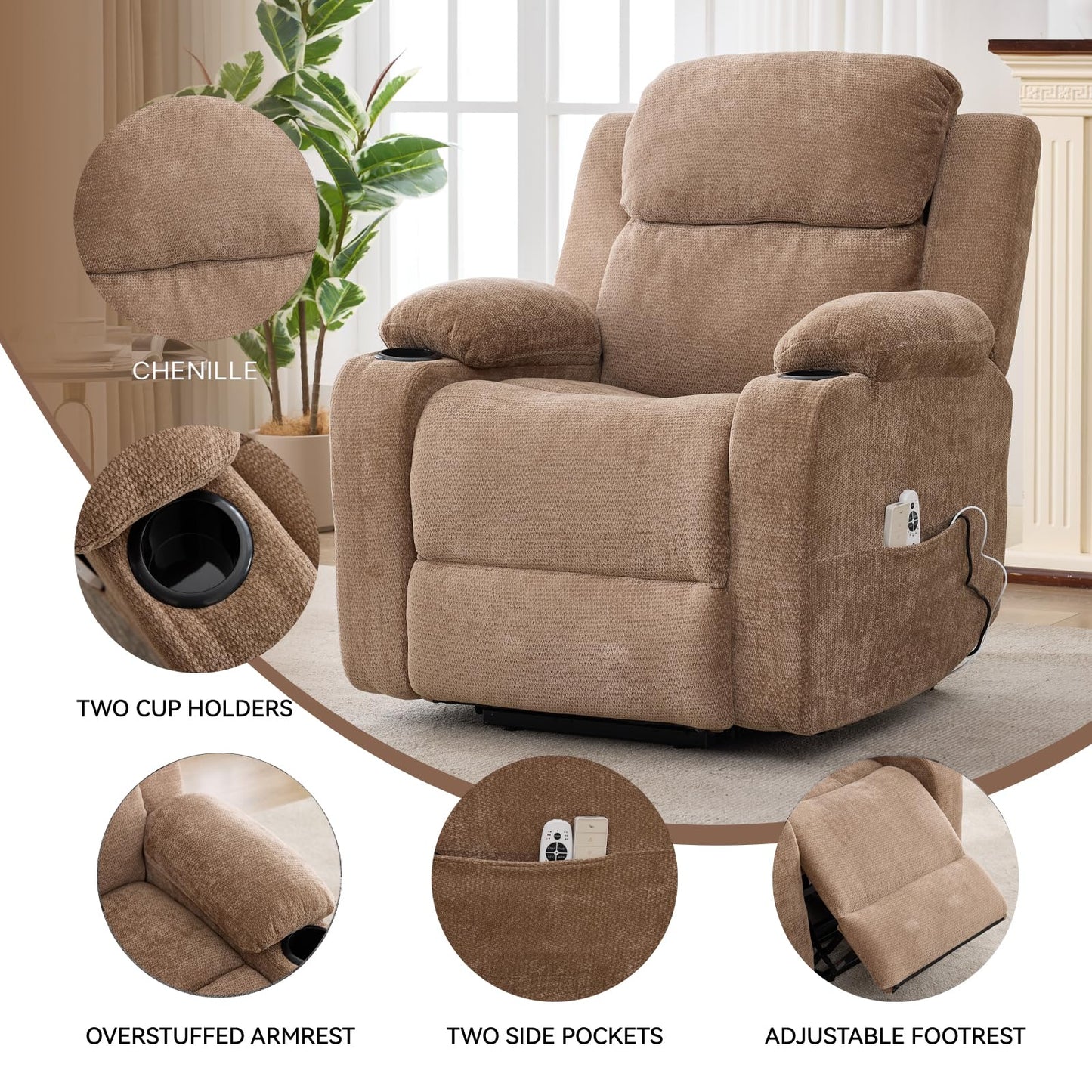 KEIKI Power Lift Recliner Chair for Seniors, Infinite Position Single Motor Lift Chair with Massage and Lumbar Heating, Upholstered Armchair Single Sofa with Cup Holders for Living Room, Brown