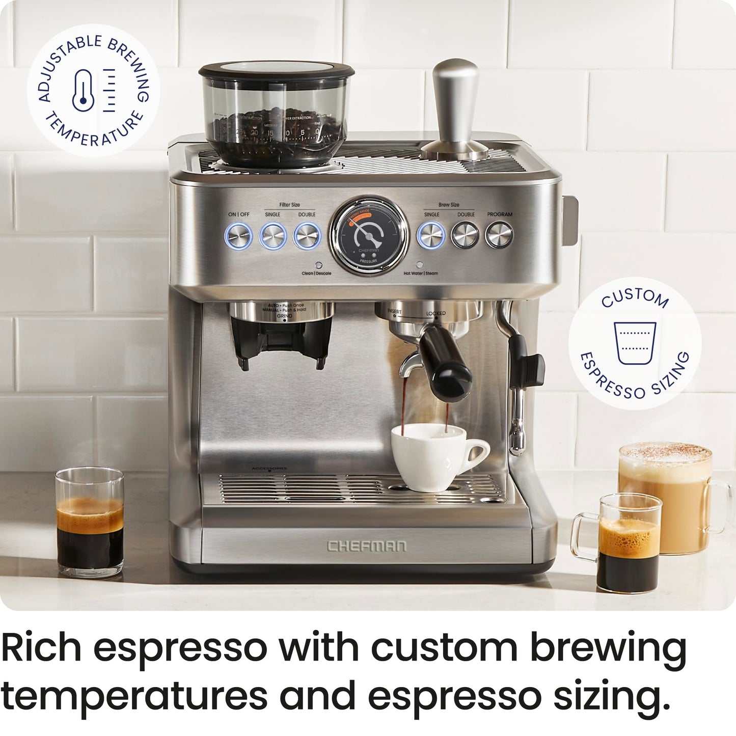 Chefman Crema Supreme 15 Bar Espresso Machine with Milk Frother, Barista Steam Wand, Professional Coffee Maker with Coffee Grinder, 30 Grind Settings, 3L Removable Water Tank - Stainless Steel
