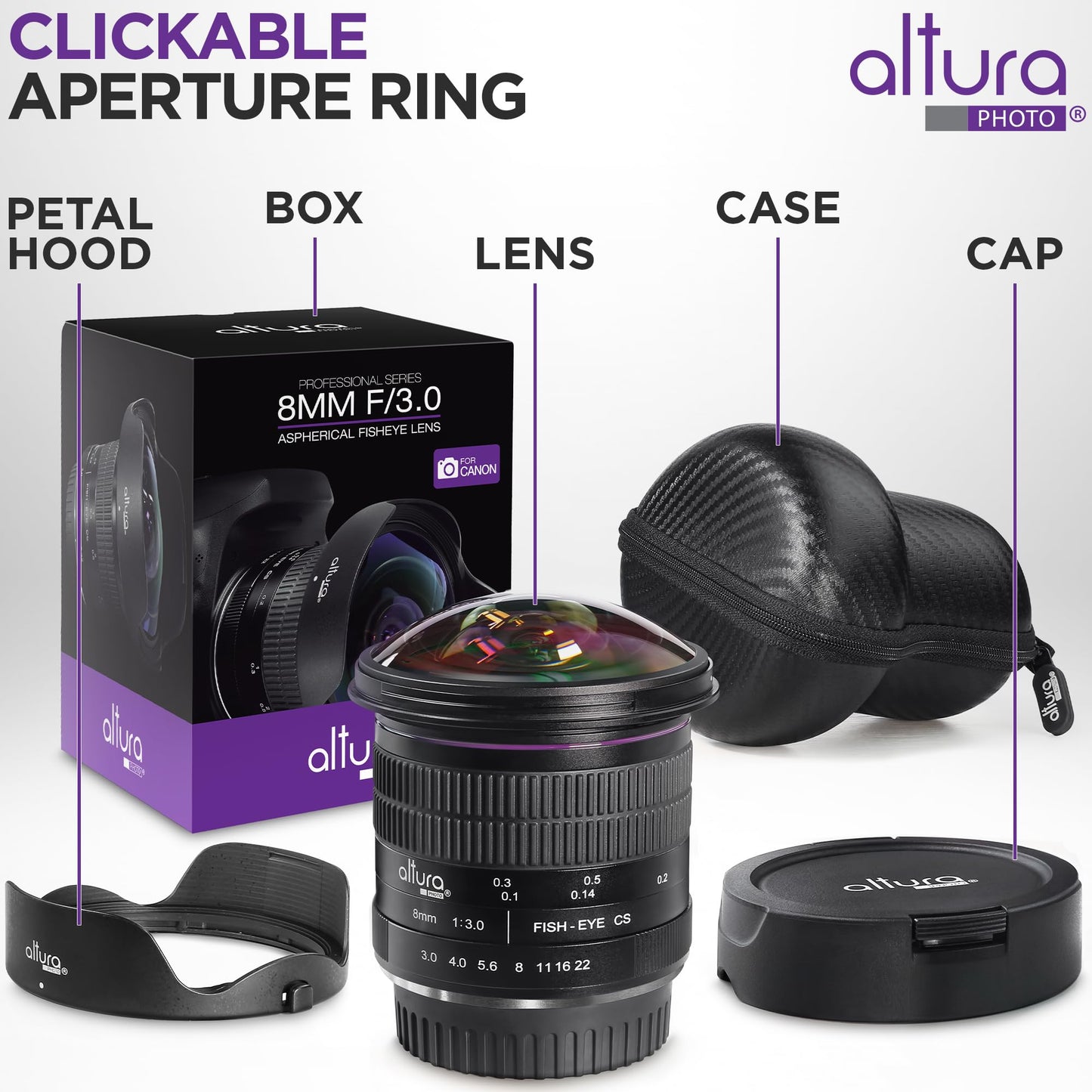 Altura Photo 8mm f/3.0 Professional Wide Angle Lens Aspherical Fisheye for Canon EOS 90D 80D 77D Rebel T8i T7 T7i T6i T6s T6 T100 SL2 SL3 DSLR Cameras with EF Mount