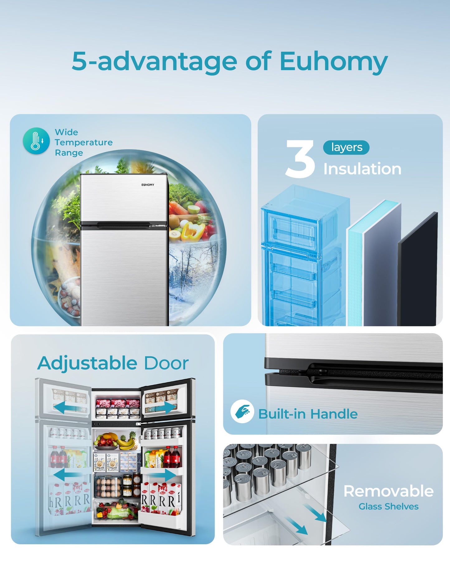 EUHOMY Mini Fridge with Freezer, 4.5 Cu.Ft Mini Refrigerator fridge, 2 door For Bedroom/Dorm/Office/Apartment - Food Storage or Cooling drinks, Silver