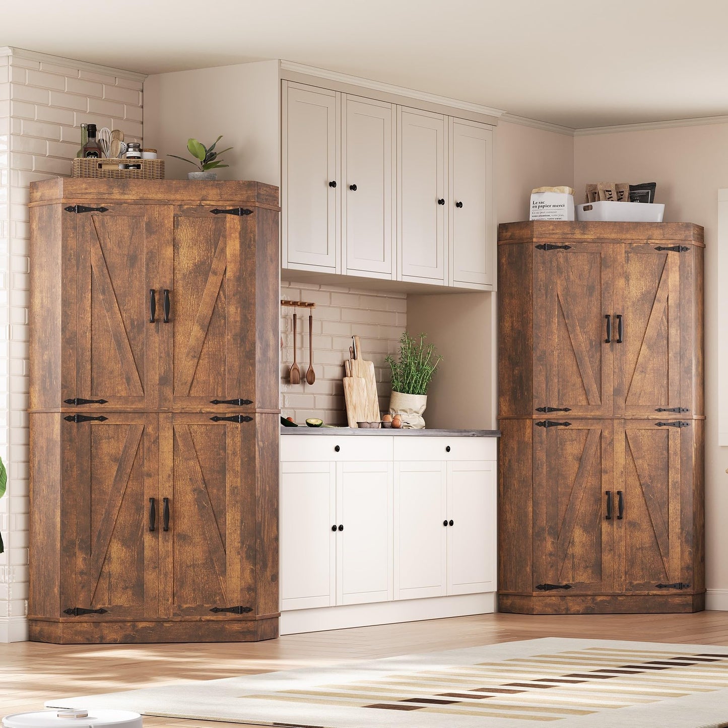 Corner Cabinet,71'' Kitchen Pantry Storage Cabinet with 4 Doors and Shelves, Tall Food Pantry Storage Cabinet Farmhouse Furniture for Kitchen Dining Room, Brown