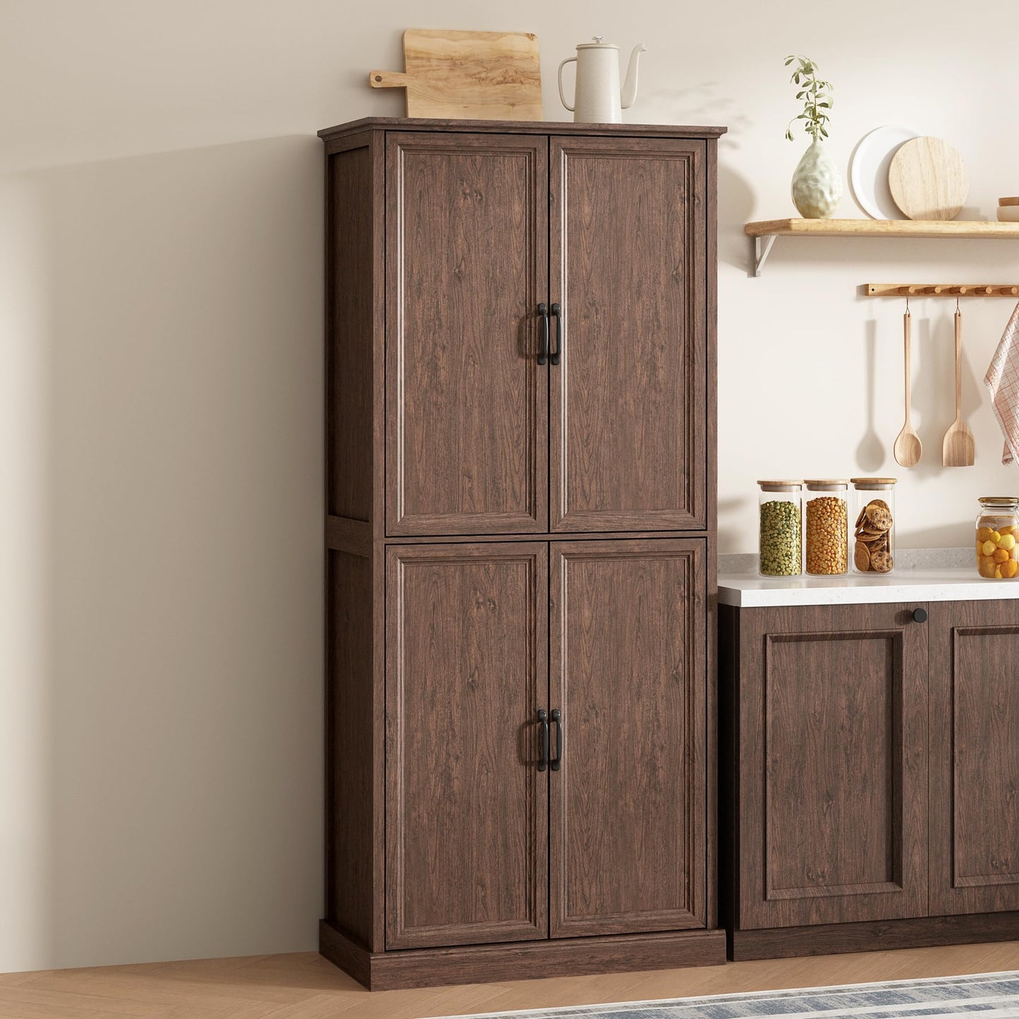 Tradare 71'' Tall Pantry Cabinet, Farmhouse Kitchen Pantry Storage Cabinet with Barn Door and Adjustable Shelves, Rustic Wood Freestanding Cupboard Storage Organizer for Kitchen, Dining Room, Brown