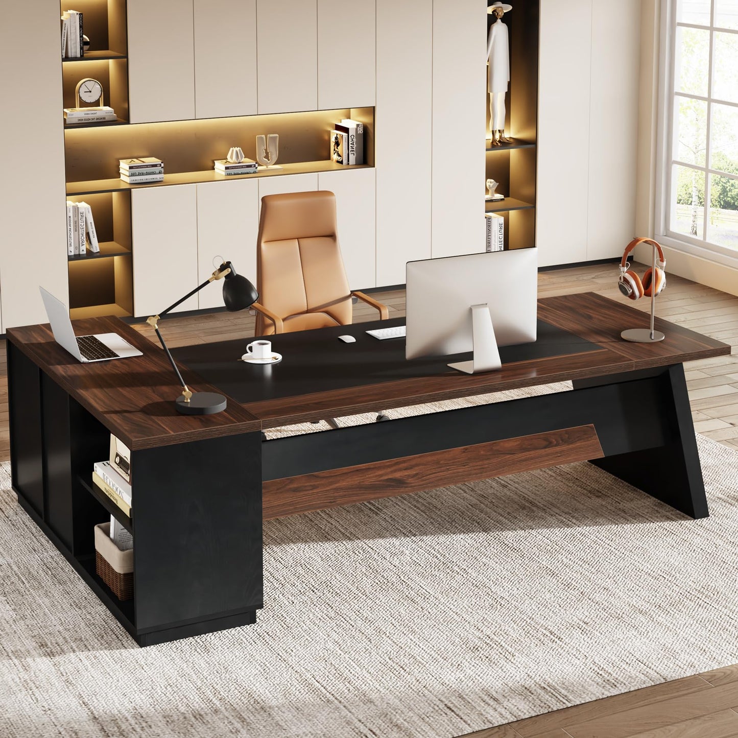 Tribesigns 78" L-Shaped Executive Desk, Large Office Desk with Drawers and File Cabinet, Modern Business Furniture for Home Office (Walnut & Black)