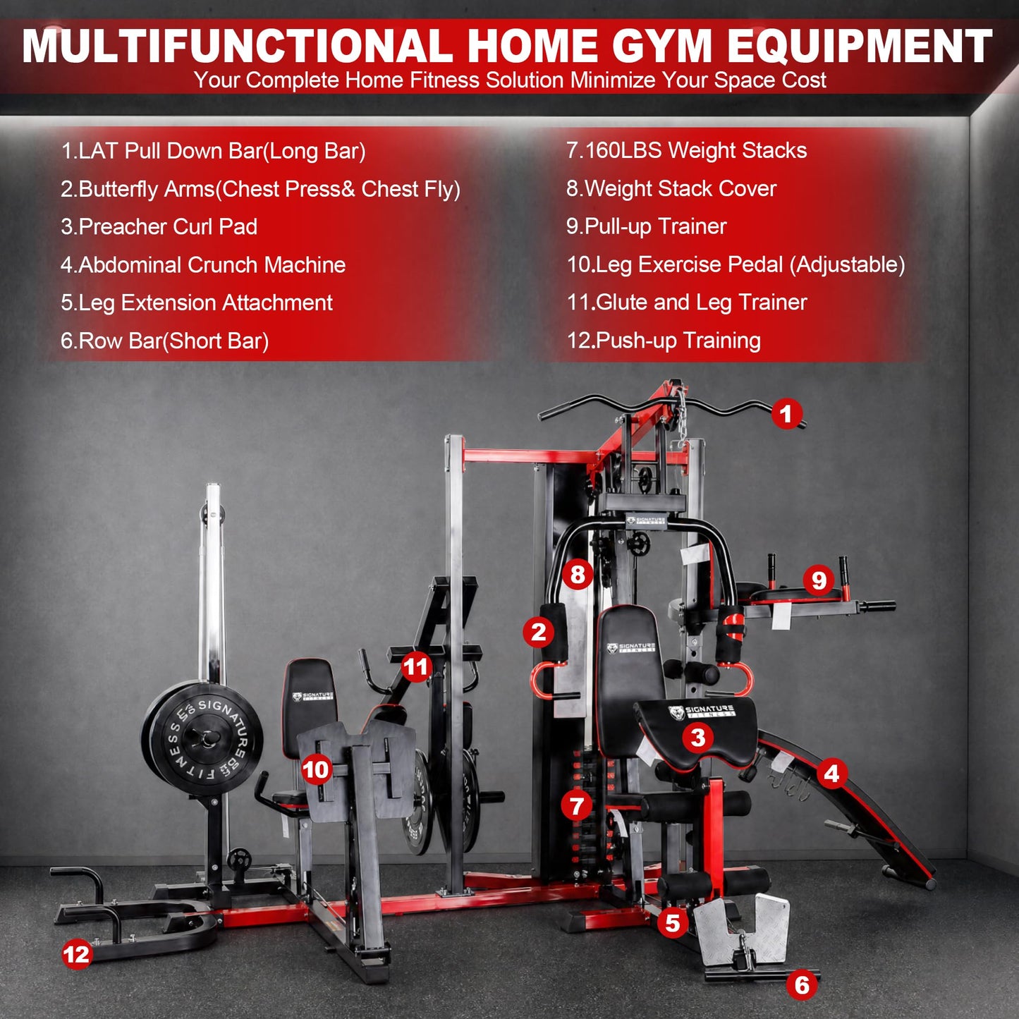Signature Fitness Multifunctional Home Gym System Workout Station with Leg Extension, Preacher Curl, Pushup, Dip, Situp Stand, Leg Press and Squat Stand, 122.5LB Weight Stack, M950, Steel