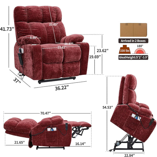 ERYE Lay Flat 180 Degree Electric Power Lift Recliner Chair for Elderly with Massage and Heat, Modern Oversized Recliner&Armchair w/2 Side Pockets & Cup Holders for Living Room,Red