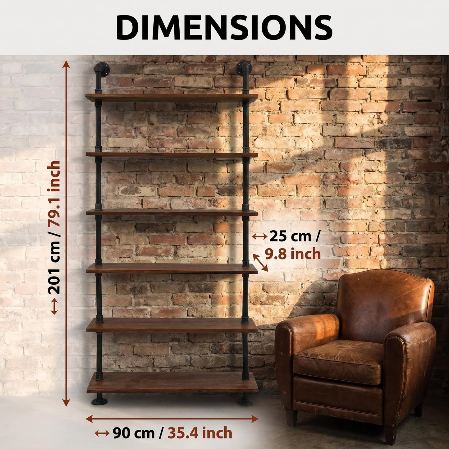 Diwhy Industrial Pipe Bookshelf, 6 Layer Rustic Modern Wood Ladder Shelf with Metal Frame, Home Decor, Display Shelving, Retro Floating Shelving, 35.4x9.8x79in, 10-20lbs, Pine