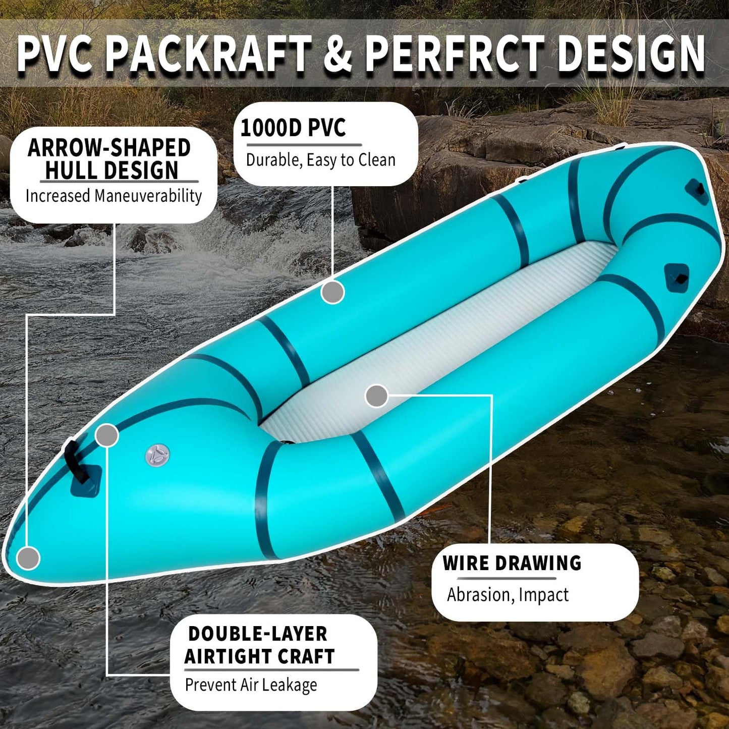 JUSTOOP PVC Packrafts,1 Person Packraft for Flat Water Rafting Camping Trip/Fishing/Water Adventures, Travel Kayak with Two-Way Manual Pump, 300lb Weight Capacity, Teal