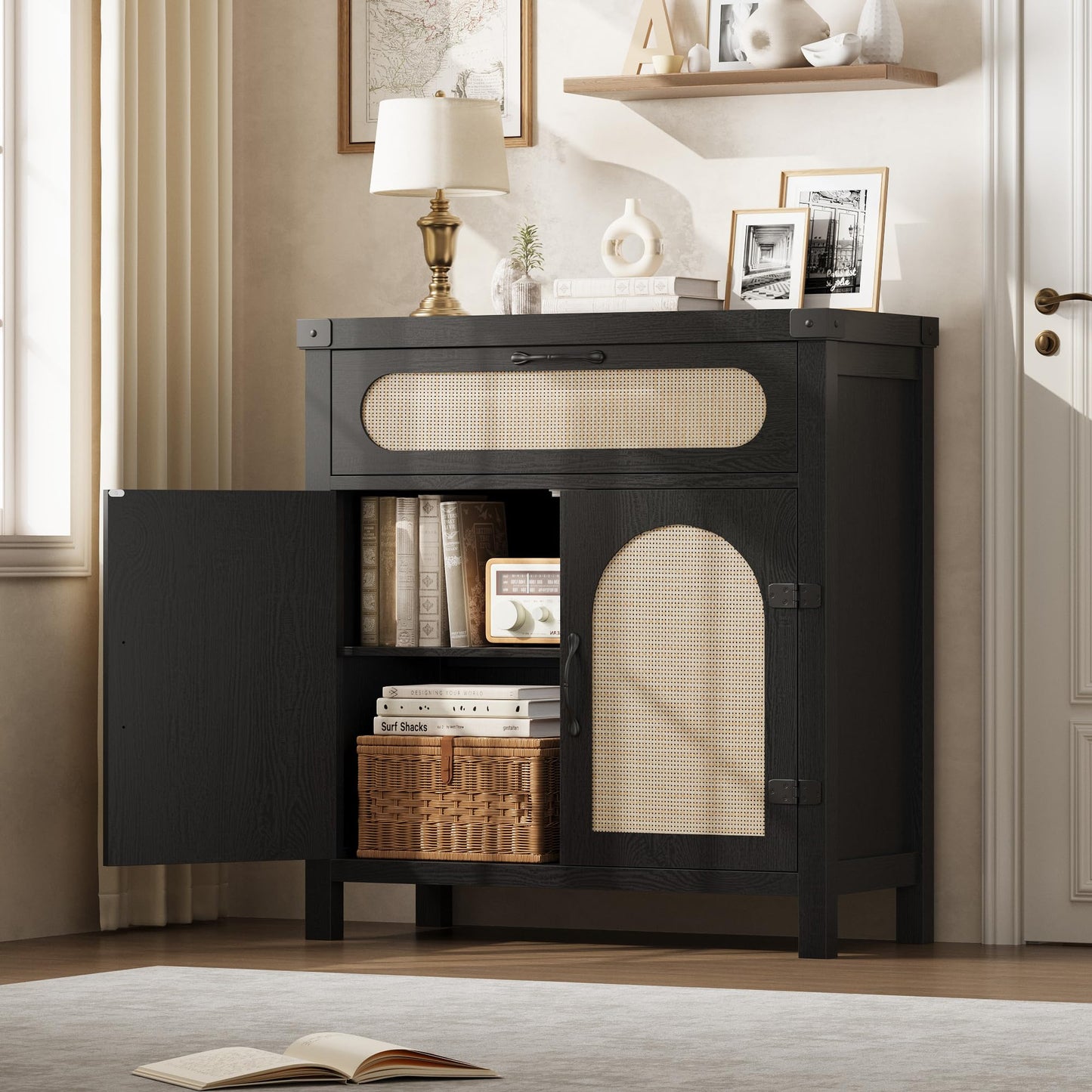 Garvee 29.9 in Small Rattan Buffet Cabinet with Storage, Kitchen Coffee Bar Cabinet with Doors and Drawer, Boho Farmhouse Sideboard with Adjustable Shelves and Handle for Living Room, Black