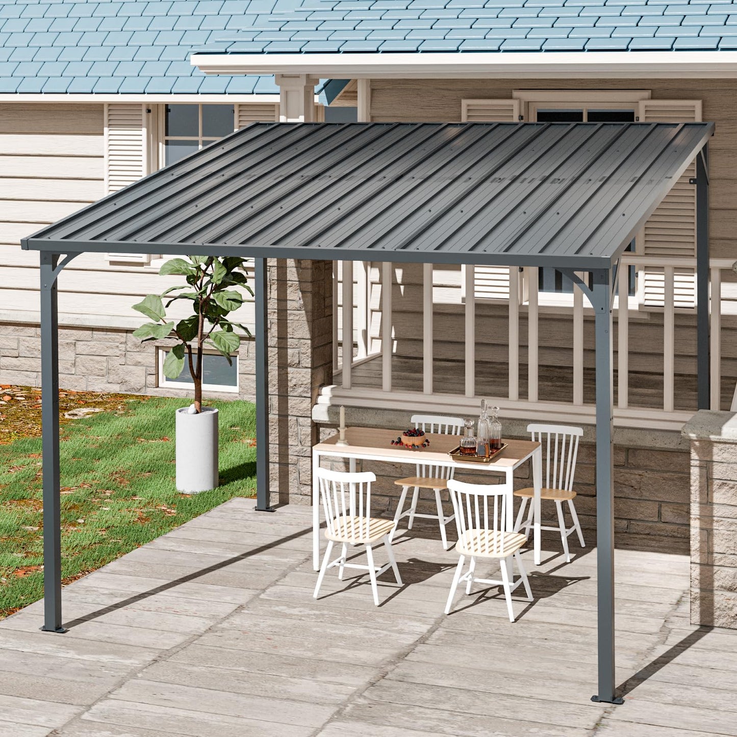 KEIKI 8x10 Ft Gazebo Outdoor, Hard Top Lean to Grill Gazebos Pergola with Roof, Backyard Waterproof Patio Covers for Shade & Rain, Wall-Mounted Large Heavy Duty Awnings for Outside Decks, Black