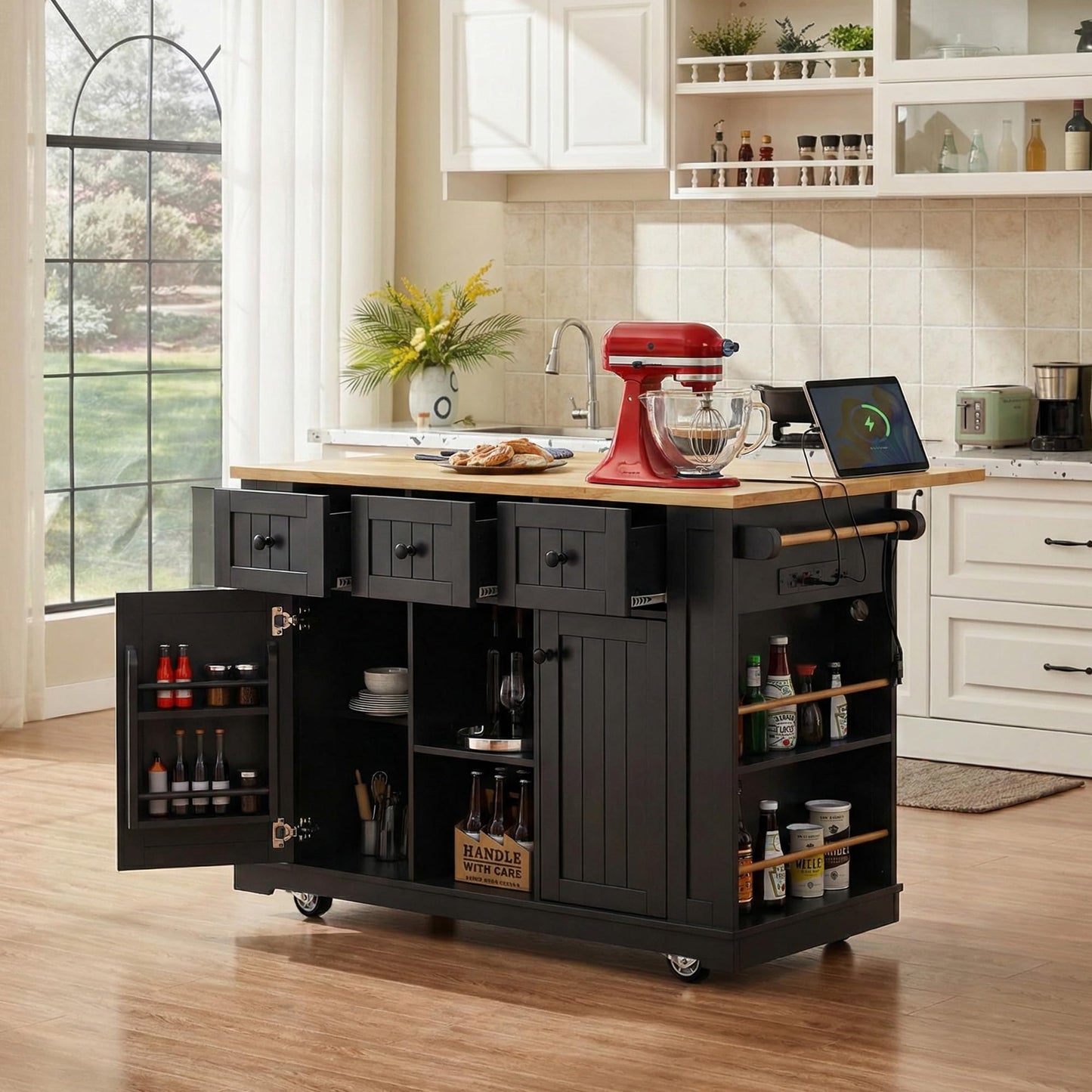 Merax 53" Large Kitchen Cart Storage Island on 5 Wheels with Drop Leaf,Power Outlet,Internal Rack for Kitchen Dining Room