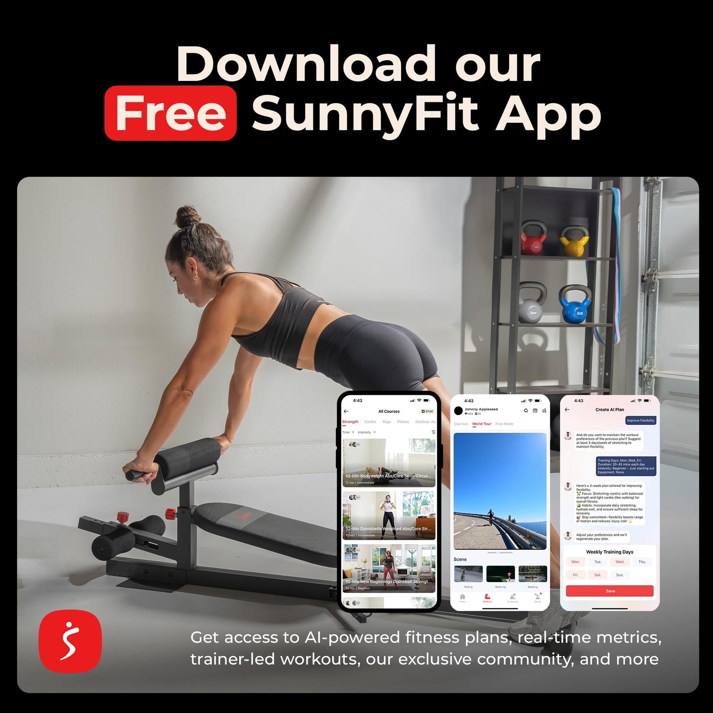 Sunny Health & Fitness Hip Thrust Machine for Home Gym, Multifunction Glute Trainer & Squat Machine, Core Workout Equipment with Resistance Bands, Adjustable Space-Saving Design