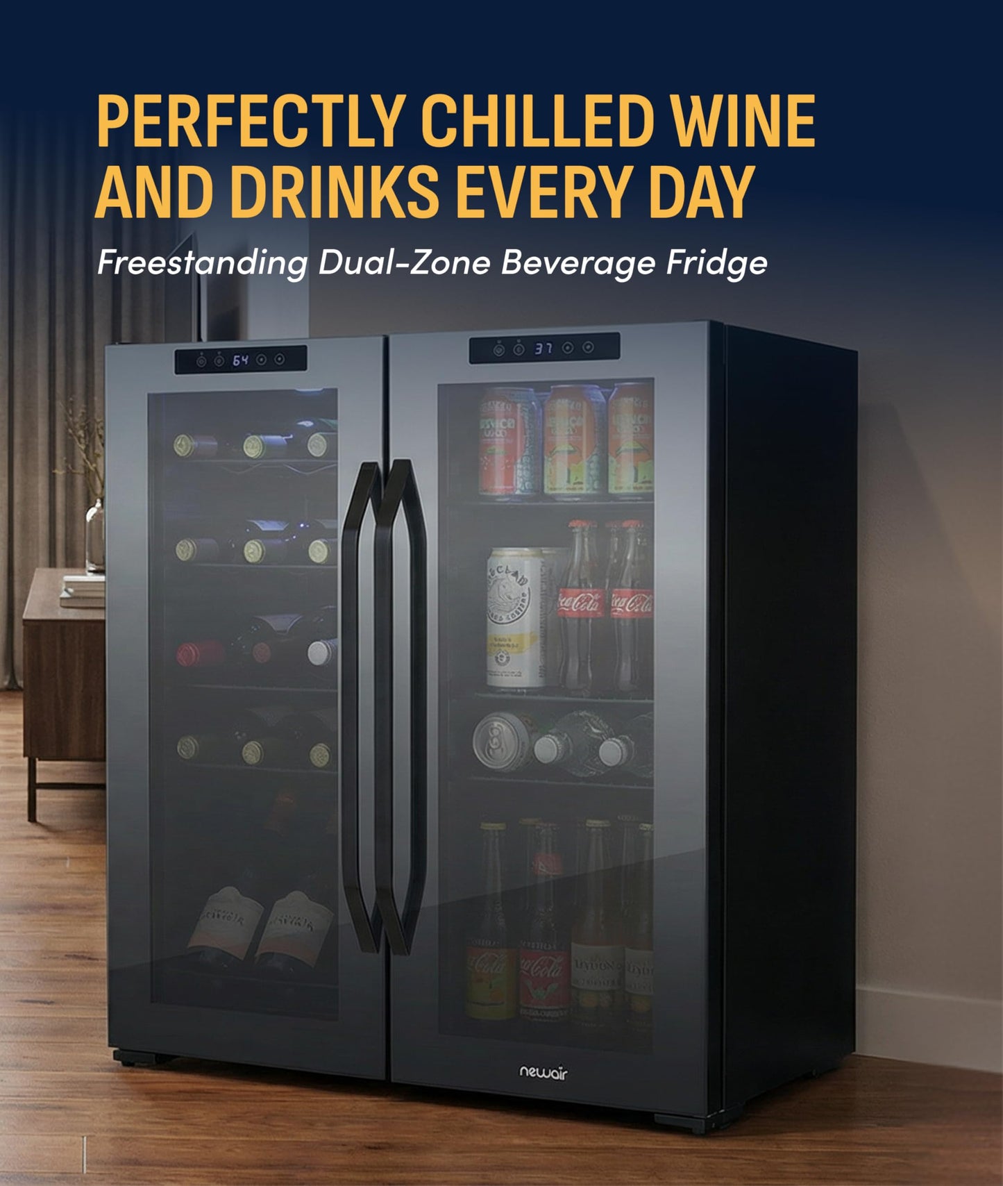 NewAir 27" Dual Zone Beverage Refrigerator & Wine Cooler for 18 Bottles & 59 Cans | Freestanding or Built-In Under Counter Mini Fridge for Beer, Wine and Soda | Black