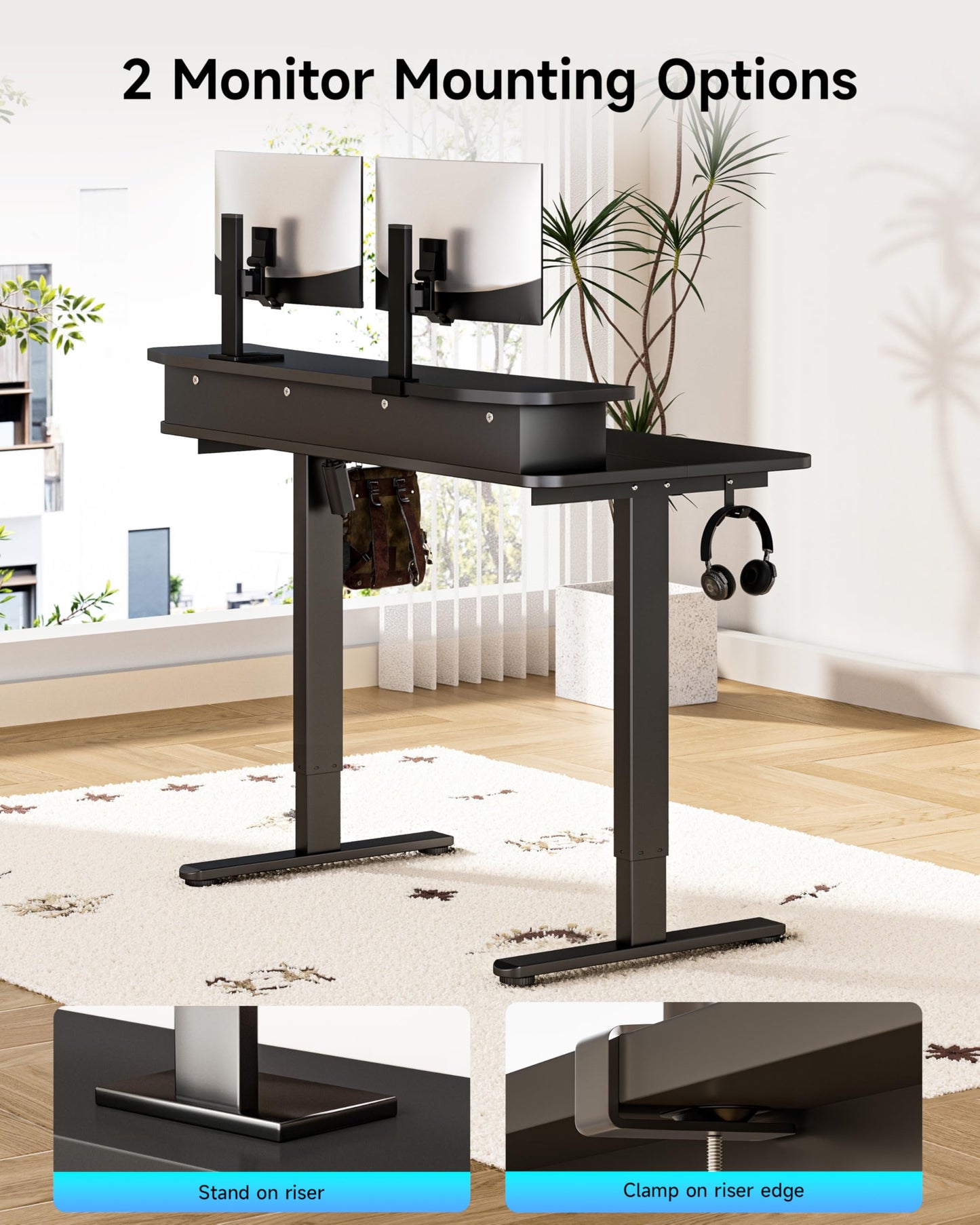 BIZUM Standing Desk with 2 Drawers Computer Desk-Stand up Desk Home Office Gaming Memory Desks C-Clamp Mount Compatible, 48x24 Inch Black