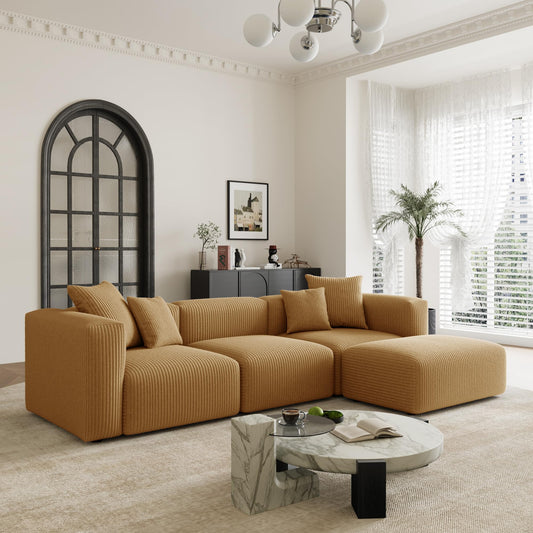 Acanva Convertible Modular Sectional Sofa with Movable Ottomans, Free Combination Corduroy Couch for Living Room Apartments, L-Shaped, Yellow
