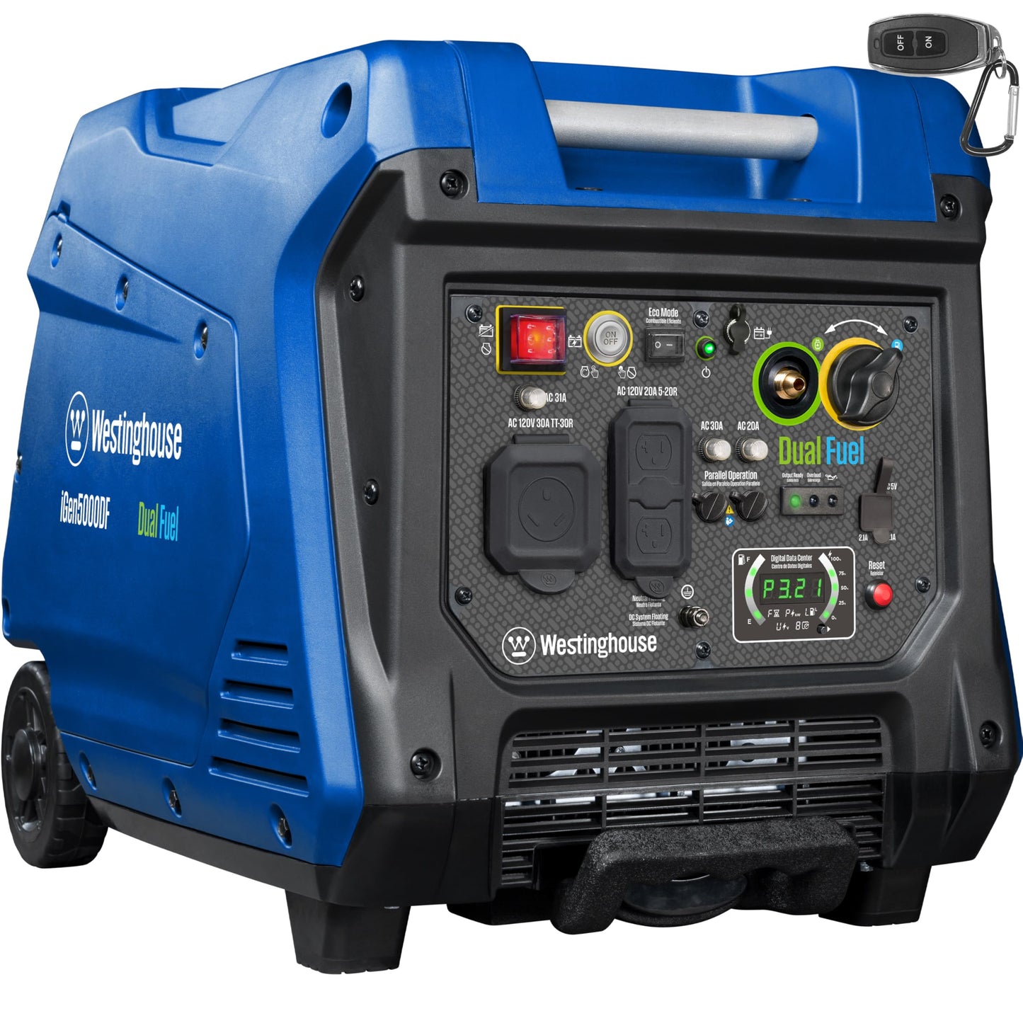 Westinghouse 5000 Peak Watt Super Quiet Dual Fuel Portable Inverter Generator, Remote Electric Start, Gas & Propane Powered, RV Ready 30A Outlet, Parallel Capable, Blue/Black