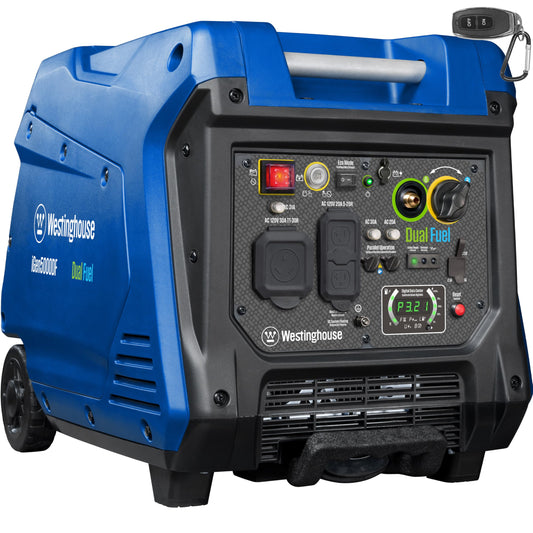 Westinghouse 5000 Peak Watt Super Quiet Dual Fuel Portable Inverter Generator, Remote Electric Start, Gas & Propane Powered, RV Ready 30A Outlet, Parallel Capable, Blue/Black