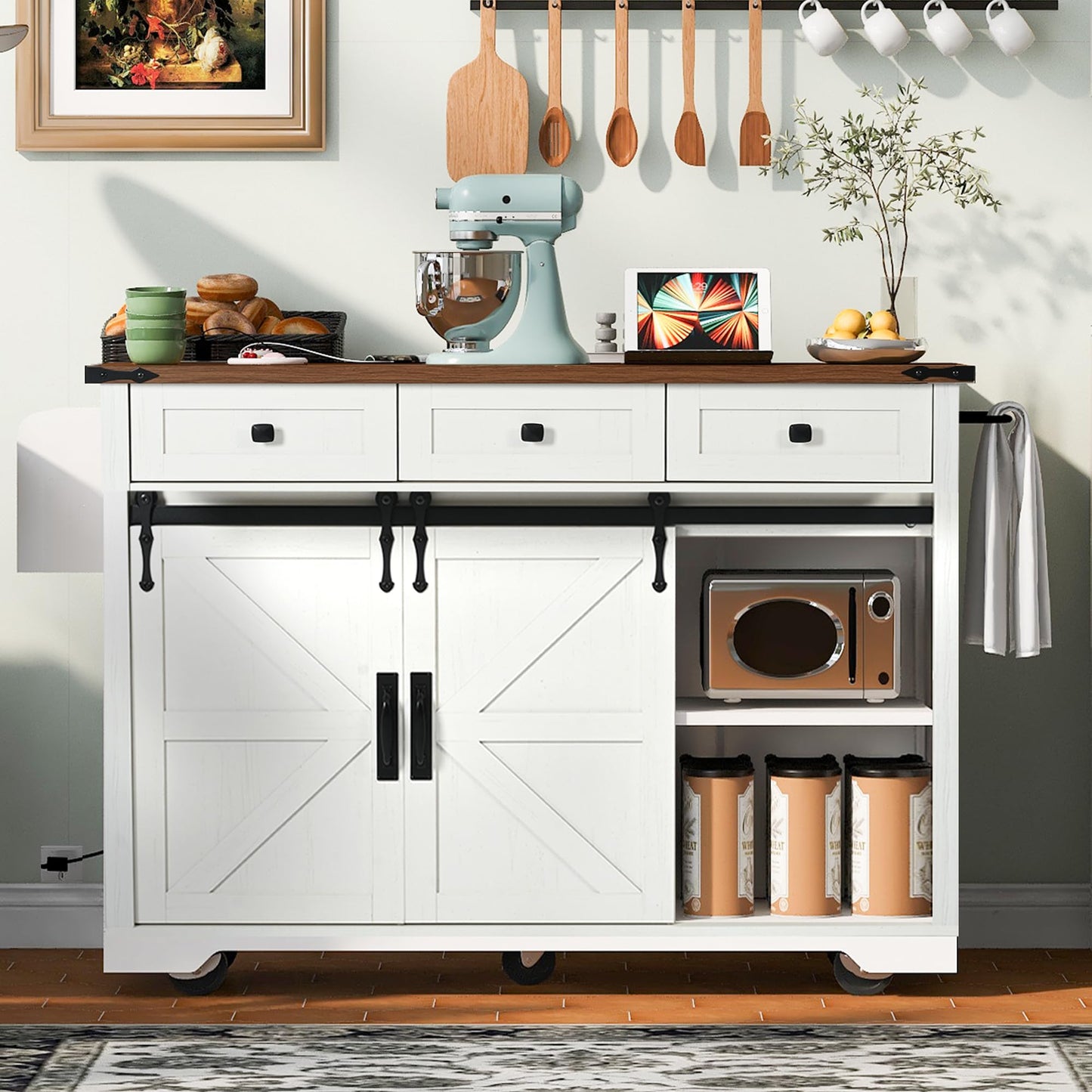 Merax 53.7" Kitchen Cart Island on Wheels with Power Outlet,Drop Leaf and 2 Sliding Barn Door,Farmhouse Style Storage Cabinet for Dining Room