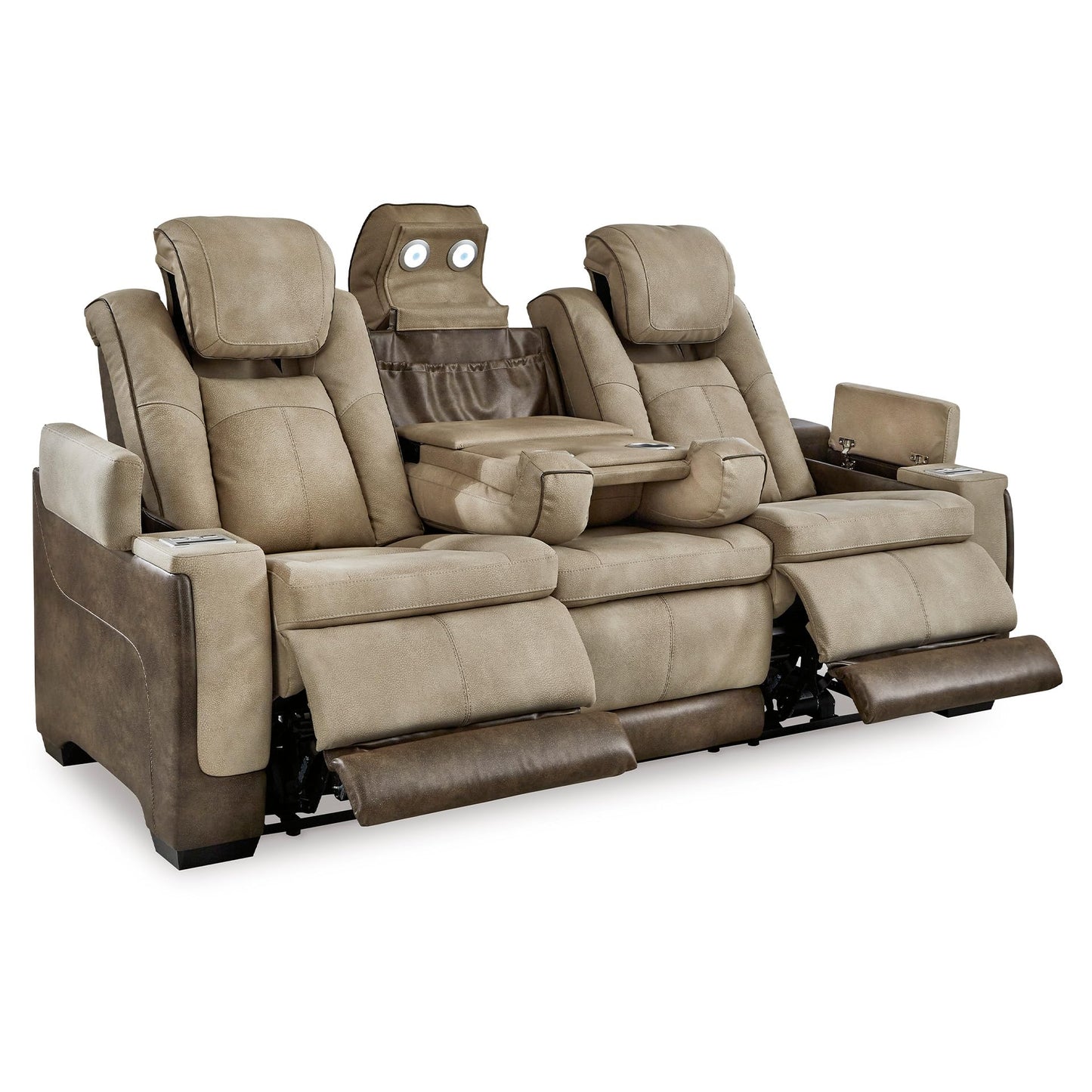 Signature Design by Ashley Next-Gen DuraPella Power Reclining Sofa – Wireless & USB Charging, Zero-Gravity, Adjustable Headrest, Water-Repellent Faux Leather, Drop-Down Table, Beige/Brown, 86”
