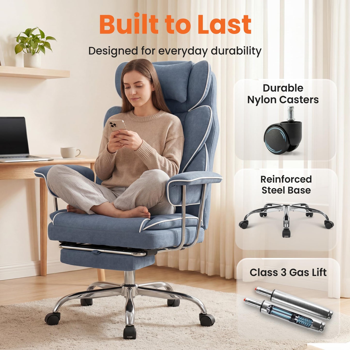 NEO Chair Big and Tall Offie Chair Gaming Computer Chair High Back Heavy Duty Desk Chai with Lumbar Support Adjustable Recliner Footrest Wide Seat Fabric Executive Home with Wheels (Fabric Blue)