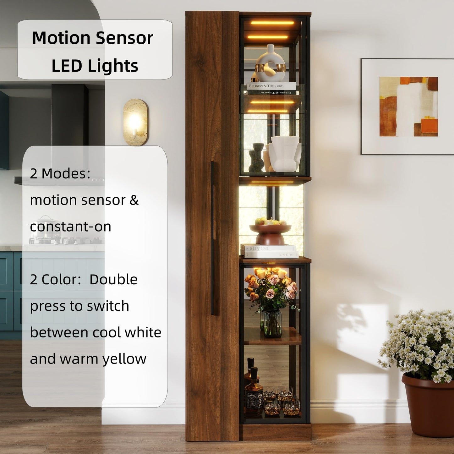 KEIKI 70" H Glass Display Storage Cabinet with Pull-Out Multi-Tier Shelf & LED Lights, Multi-Functional Curio China Collectibles Book Case Shelves Bookcase for Living Room, Home Office, Bedroom