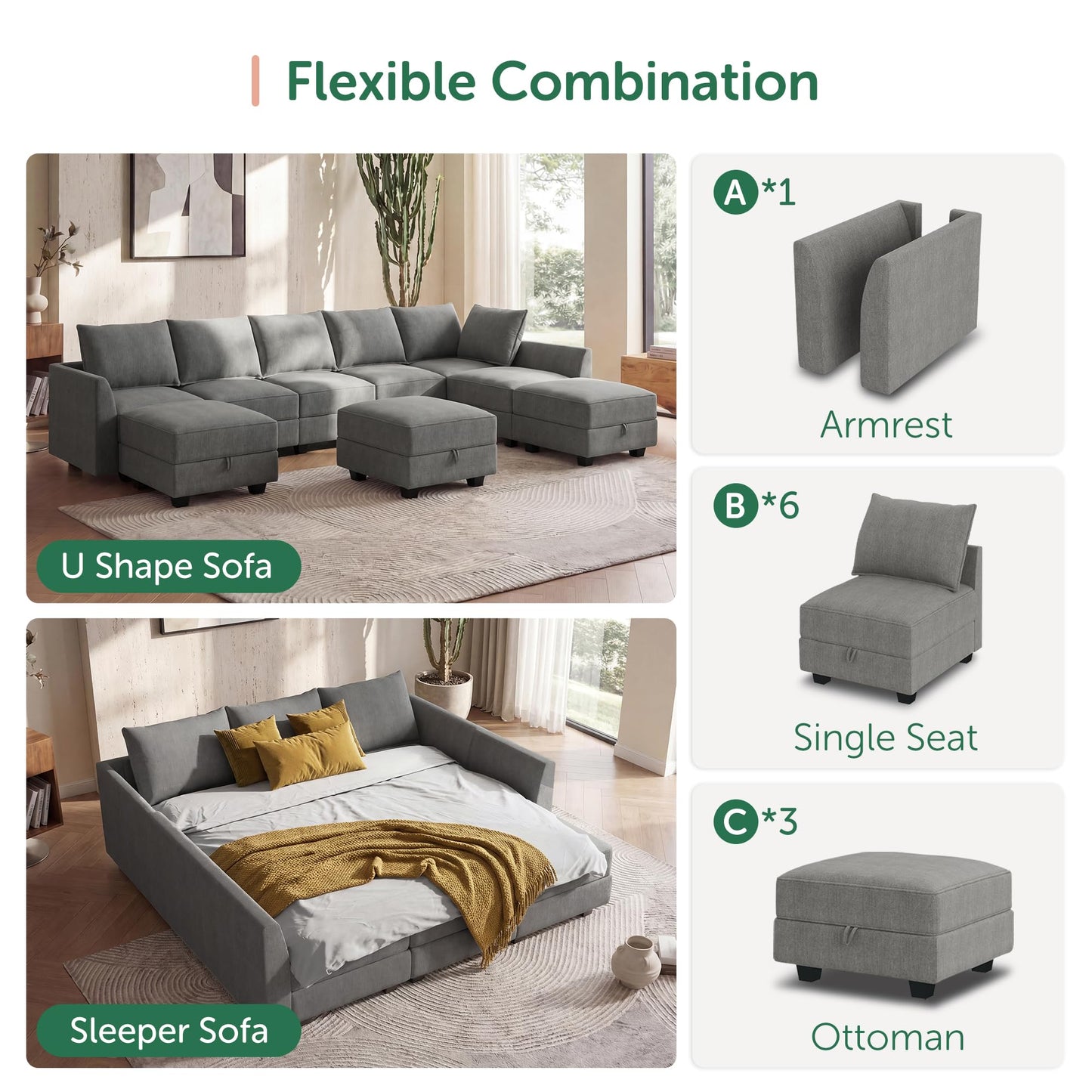 HONBAY Oversized Modular Sectional Sofa with Storage Seats Reversible Couch with Ottomans U Shaped Modular Sectional Couch for Living Room, Grey