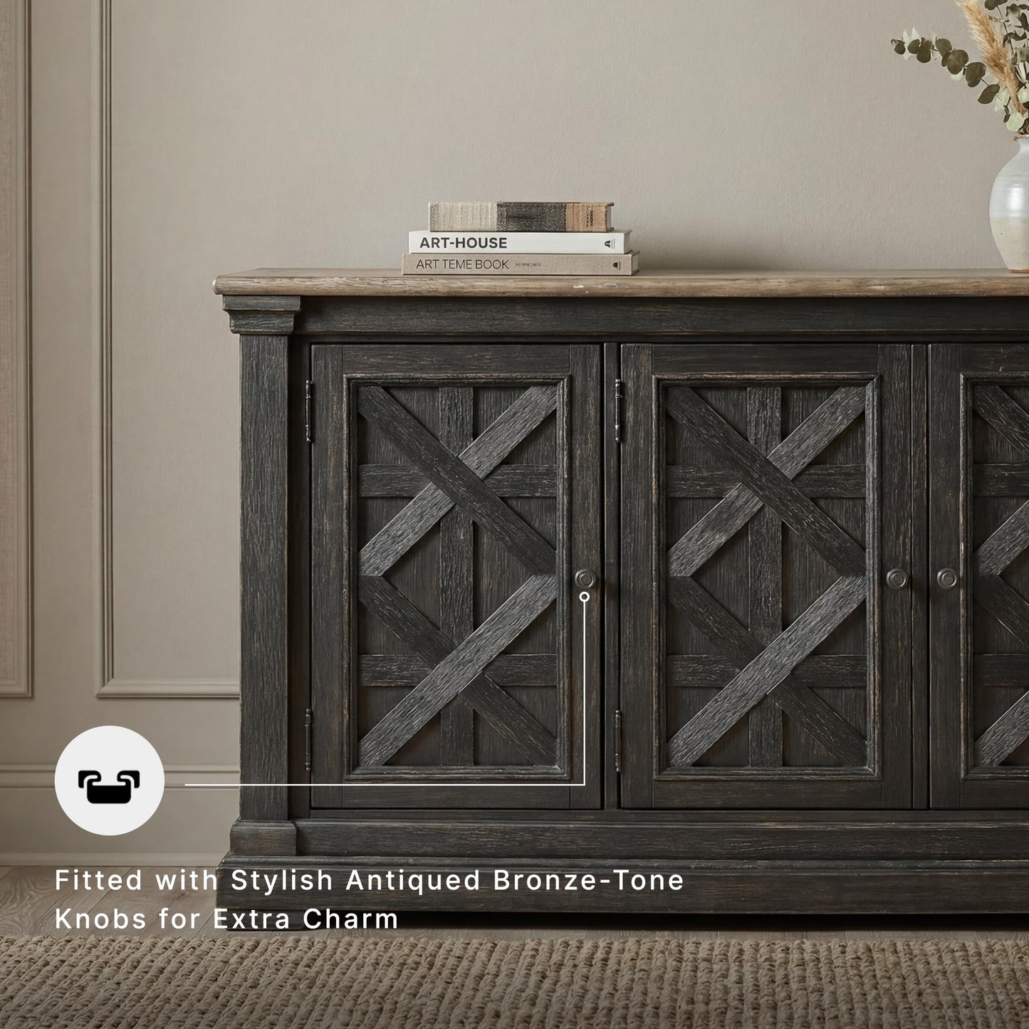 Signature Design by Ashley Tyler Creek Vintage Casual Dining Room Buffet Cabinet or Server with 3 Doors and Lattice Design, Wood, 36" High, Black & Gray